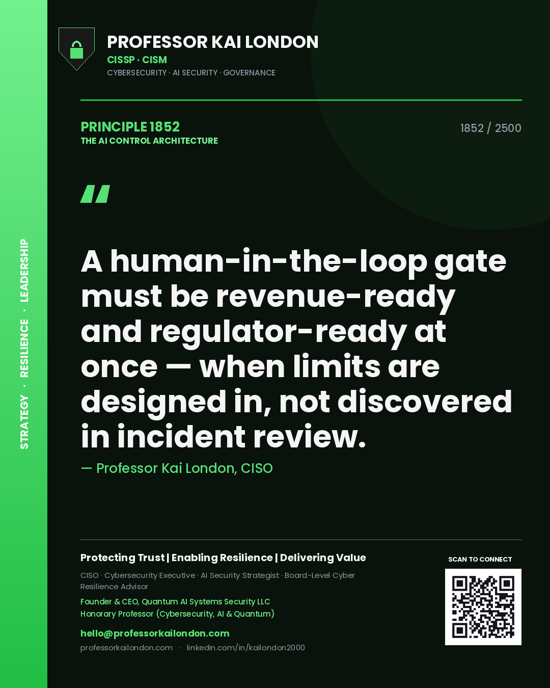 Quote card by Professor Kai London reading 'A human-in-the-loop gate must be revenue-ready and regulator-ready at once — when limits are designed in, not discovered in incident review.'. From the book The AI Control Architecture.