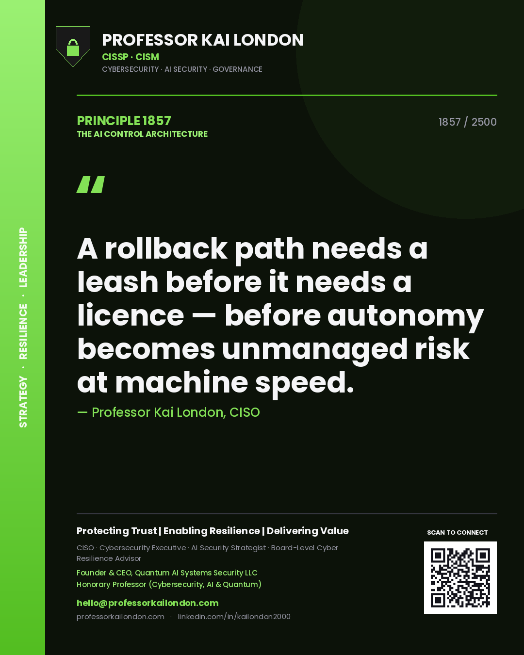 Quote card by Professor Kai London reading 'A rollback path needs a leash before it needs a licence — before autonomy becomes unmanaged risk at machine speed.'. From the book The AI Control Architecture.