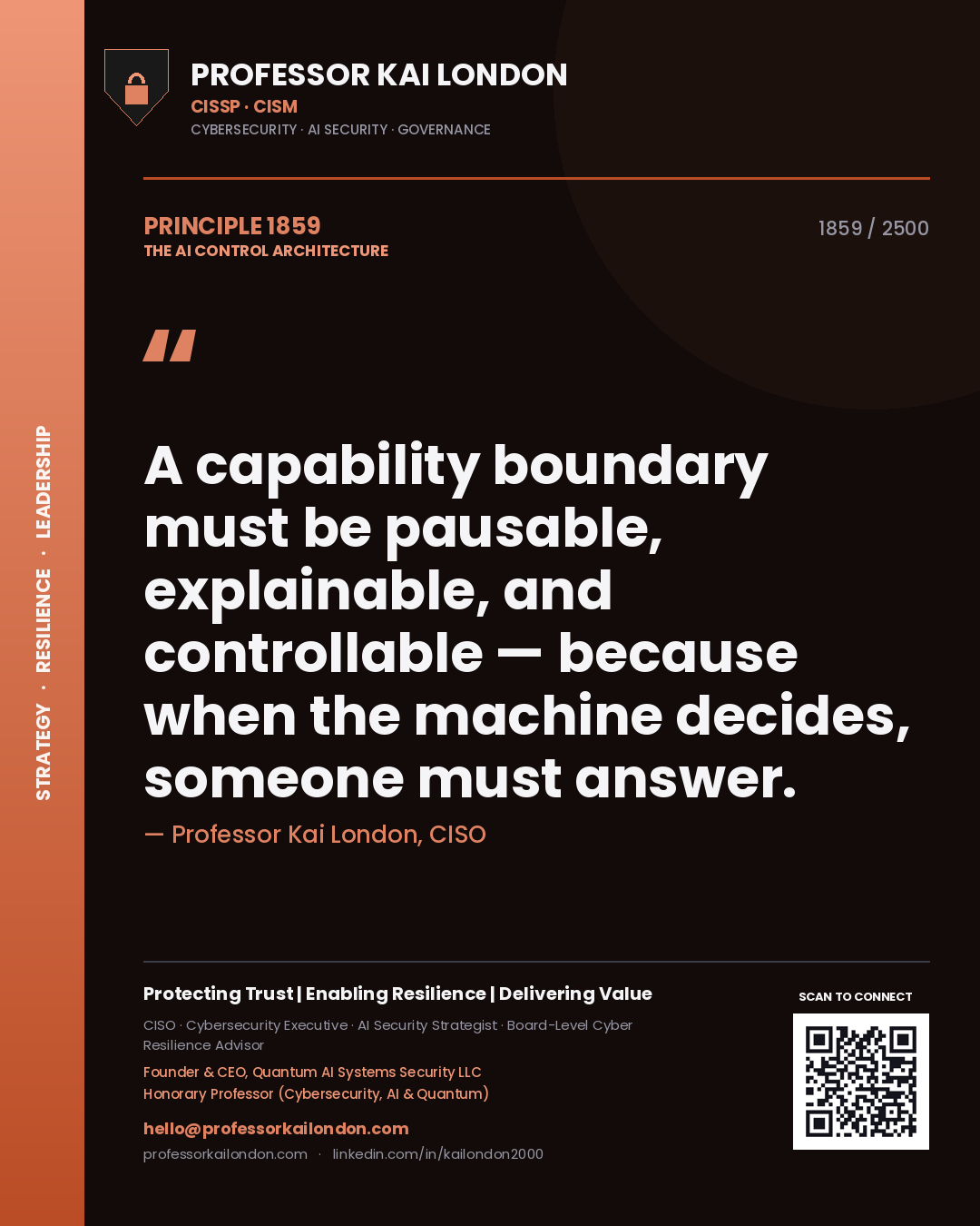 Quote card by Professor Kai London reading 'A capability boundary must be pausable, explainable, and controllable — because when the machine decides, someone must answer.'. From the book The AI Control Architecture.