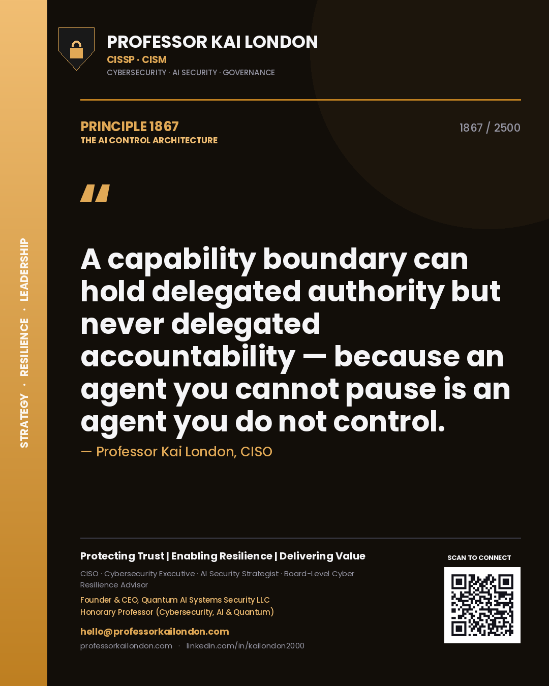 Quote card by Professor Kai London reading 'A capability boundary can hold delegated authority but never delegated accountability — because an agent you cannot pause is an agent you do not control.'. From the book The AI Control Architecture.