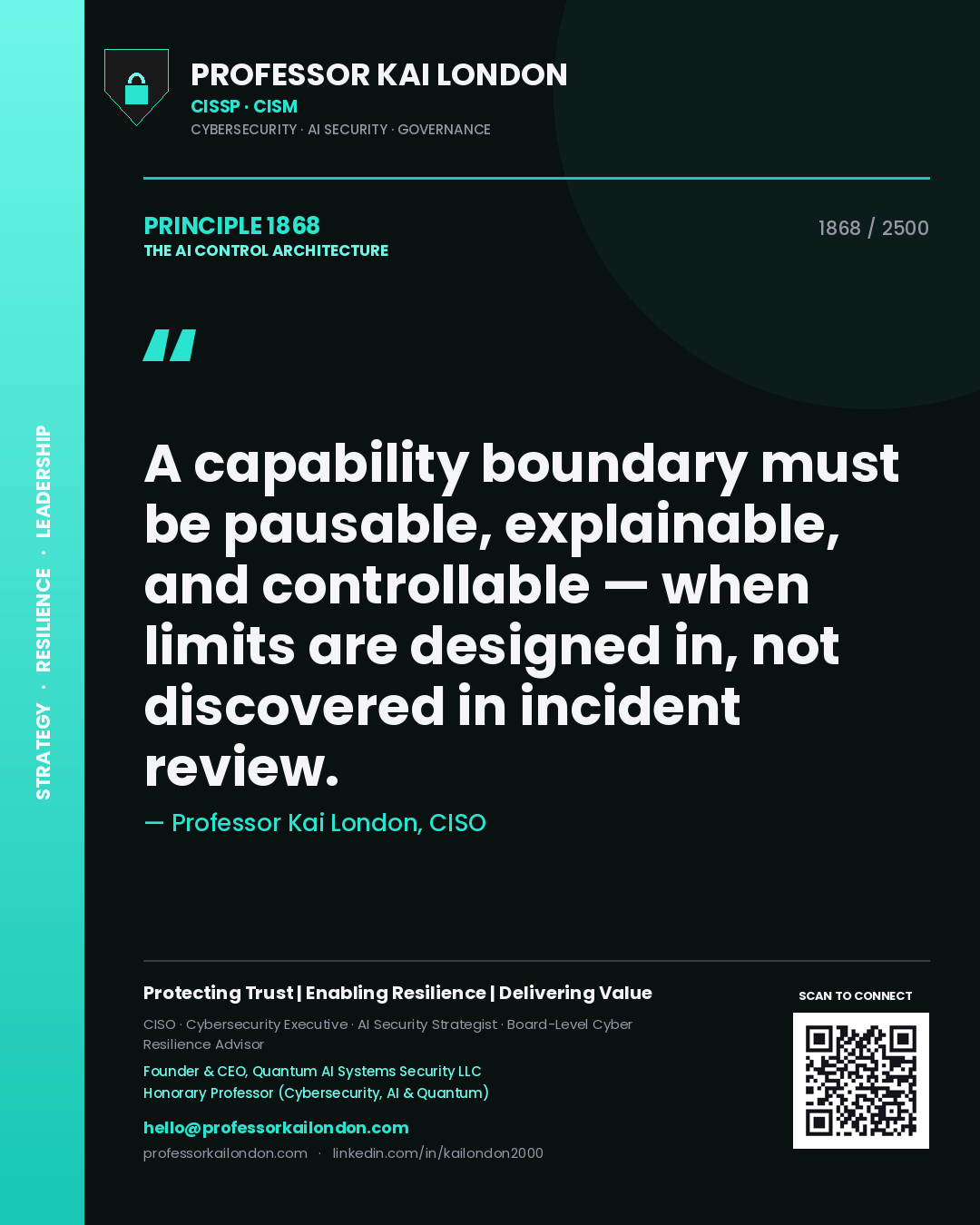 Quote card by Professor Kai London reading 'A capability boundary must be pausable, explainable, and controllable — when limits are designed in, not discovered in incident review.'. From the book The AI Control Architecture.