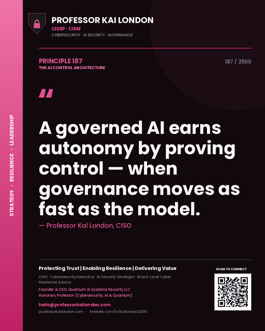 Quote card by Professor Kai London reading 'A governed AI earns autonomy by proving control — when governance moves as fast as the model.'. From the book The AI Control Architecture.