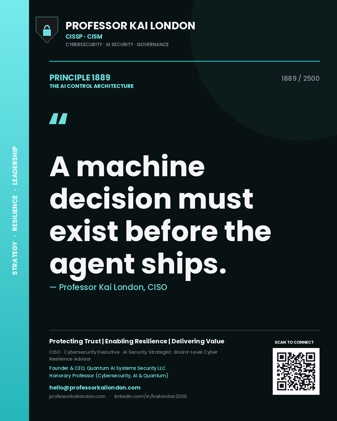 Professor Kai London principle 1889: A machine decision must exist before the agent ships.
