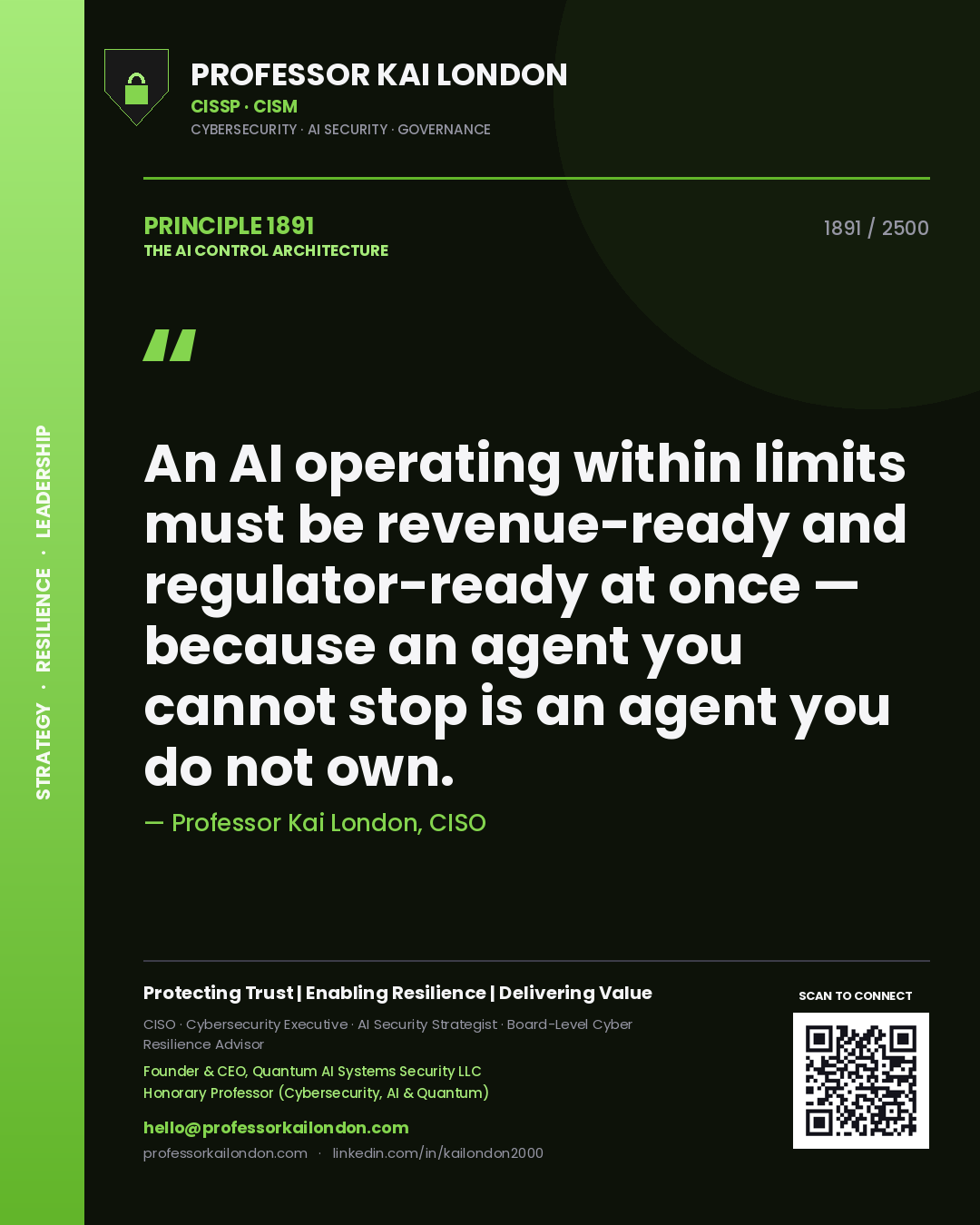 Professor Kai London principle 1891: An AI operating within limits must be revenue-ready and regulator-ready at once — because an agent you cannot stop is an agent you do not own.