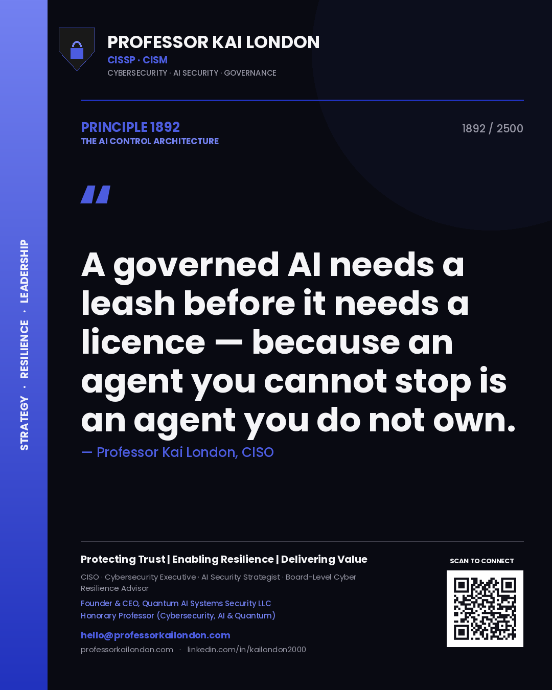 Professor Kai London principle 1892: A governed AI needs a leash before it needs a licence — because an agent you cannot stop is an agent you do not own.