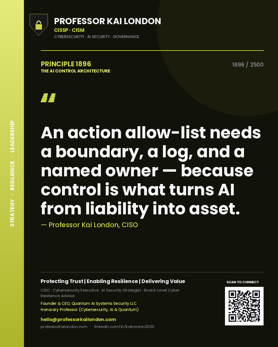 Professor Kai London principle 1896: An action allow-list needs a boundary, a log, and a named owner — because control is what turns AI from liability into asset.