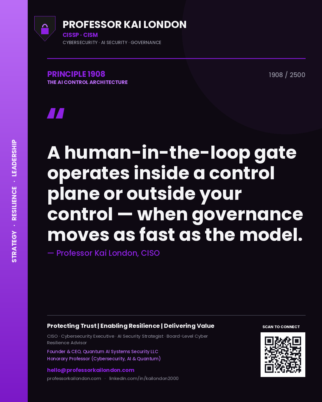 Professor Kai London principle 1908: A human-in-the-loop gate operates inside a control plane or outside your control — when governance moves as fast as the model.