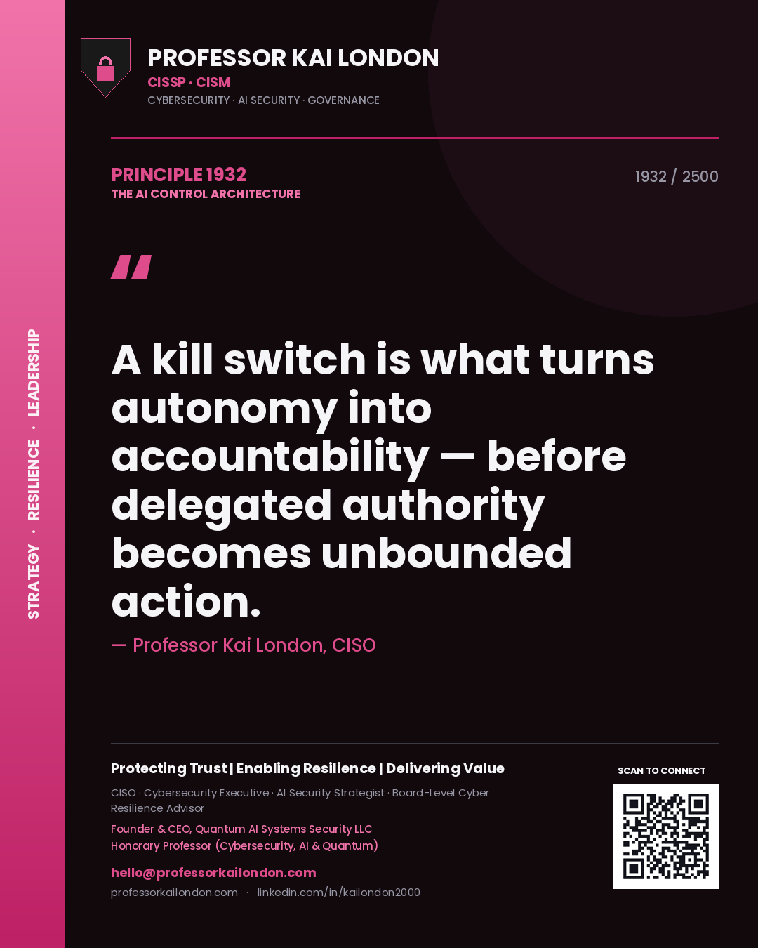 Quote card by Professor Kai London reading 'A kill switch is what turns autonomy into accountability — before delegated authority becomes unbounded action.'. From the book The AI Control Architecture.