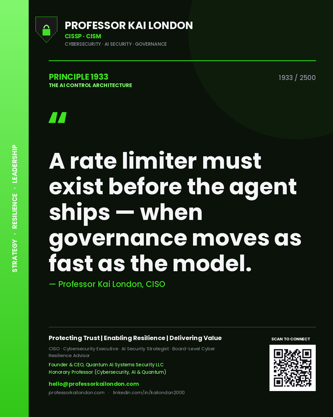 Quote card by Professor Kai London reading 'A rate limiter must exist before the agent ships — when governance moves as fast as the model.'. From the book The AI Control Architecture.