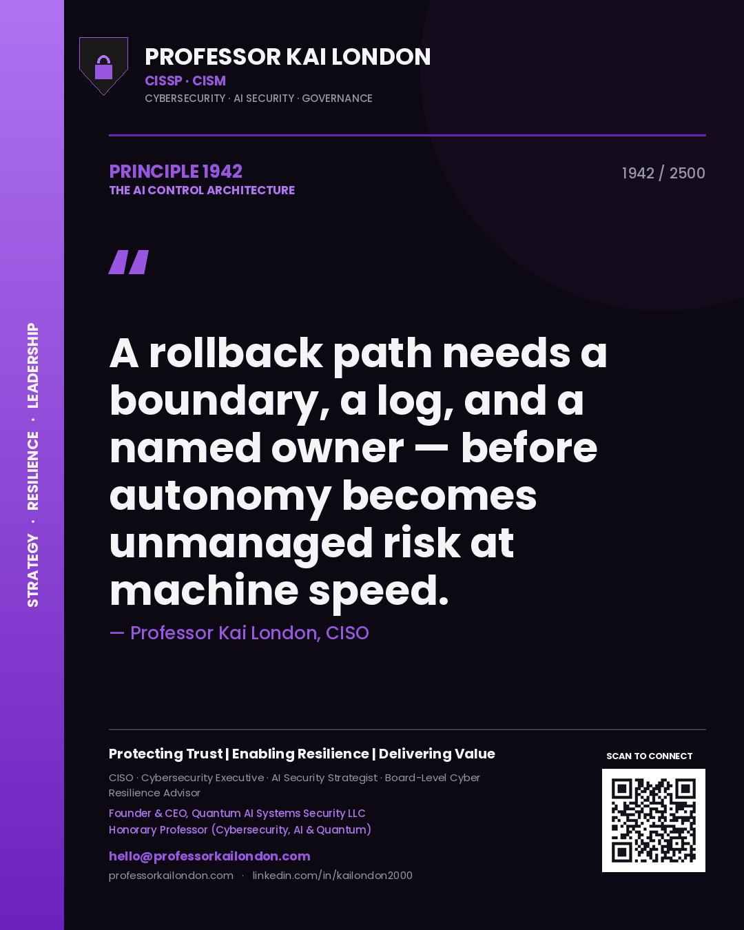 Professor Kai London principle 1942: A rollback path needs a boundary, a log, and a named owner — before autonomy becomes unmanaged risk at machine speed.