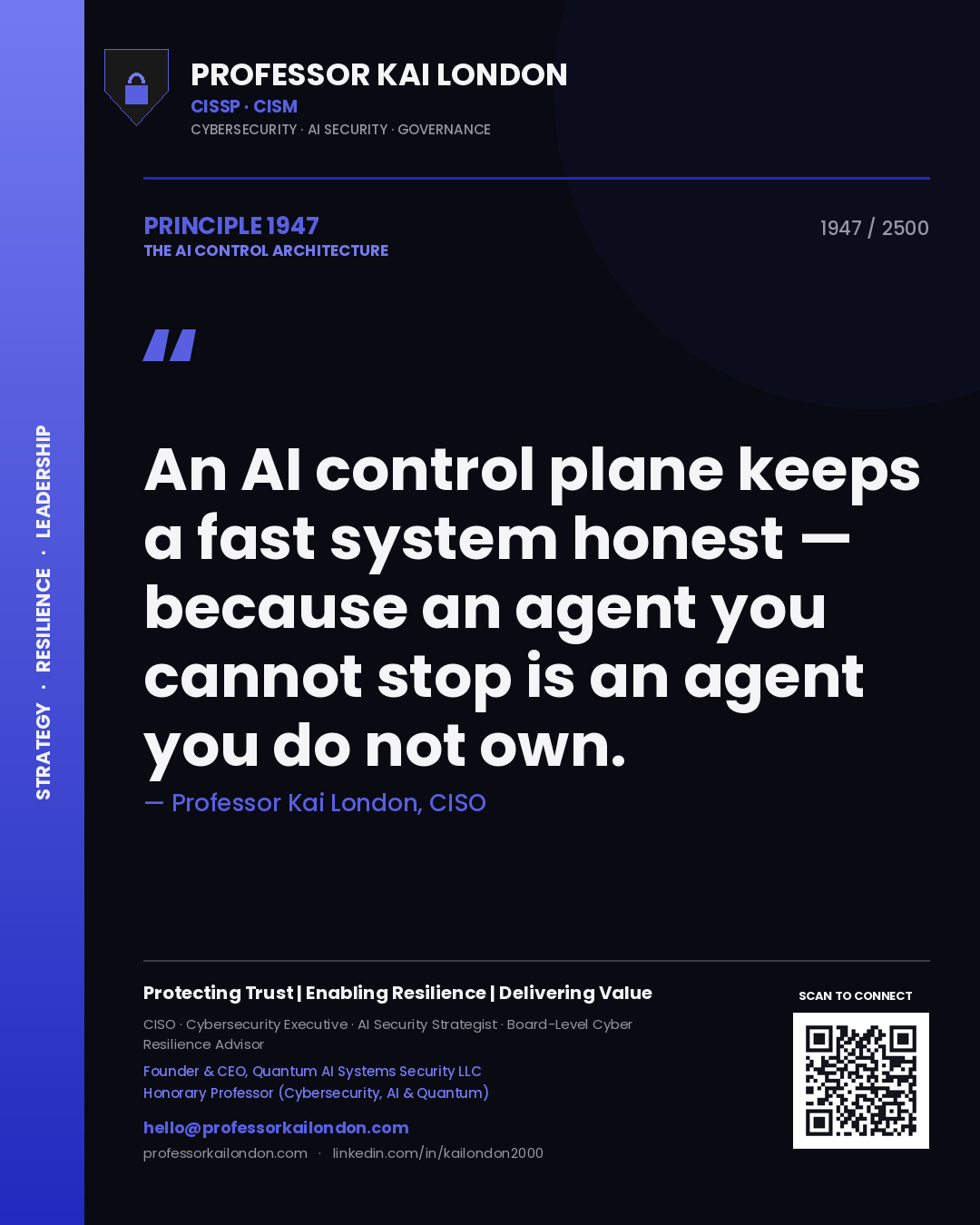 Quote card by Professor Kai London reading 'An AI control plane keeps a fast system honest — because an agent you cannot stop is an agent you do not own.'. From the book The AI Control Architecture.
