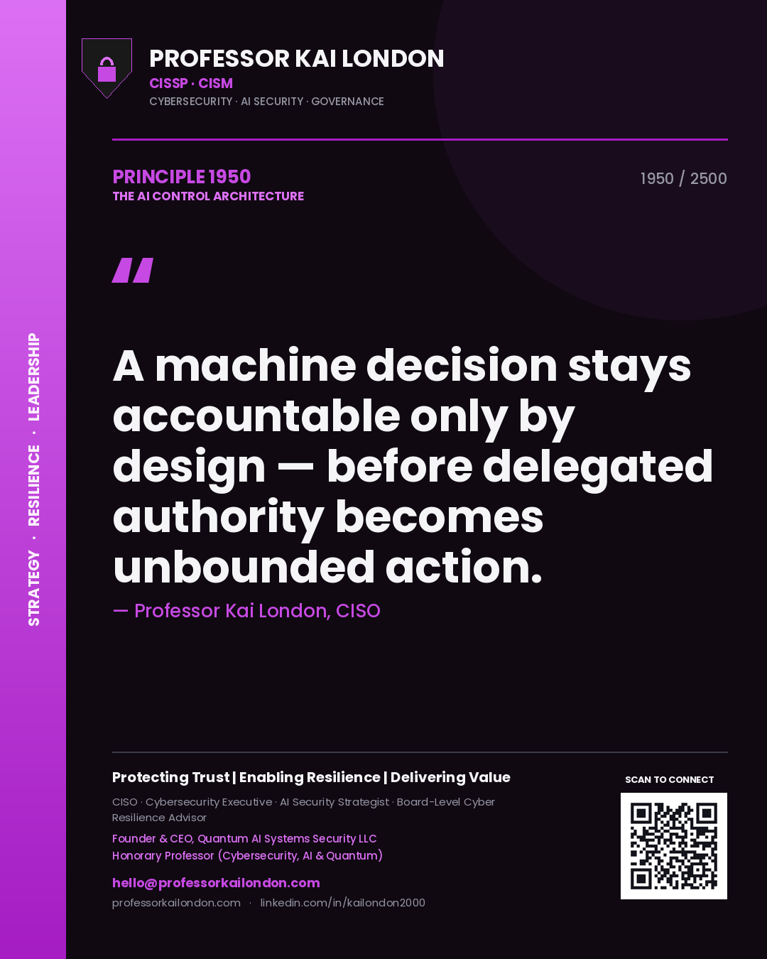 Professor Kai London principle 1950: A machine decision stays accountable only by design — before delegated authority becomes unbounded action.