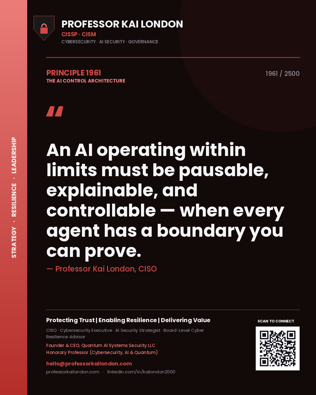 Professor Kai London principle 1961: An AI operating within limits must be pausable, explainable, and controllable — when every agent has a boundary you can prove.