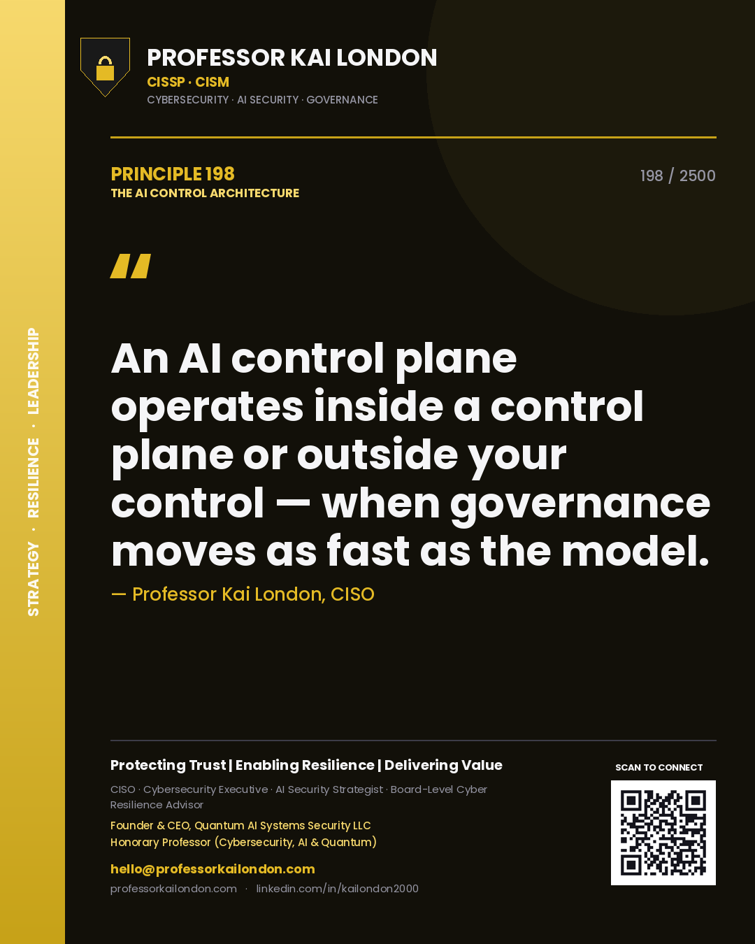 Professor Kai London principle 198: An AI control plane operates inside a control plane or outside your control — when governance moves as fast as the model.