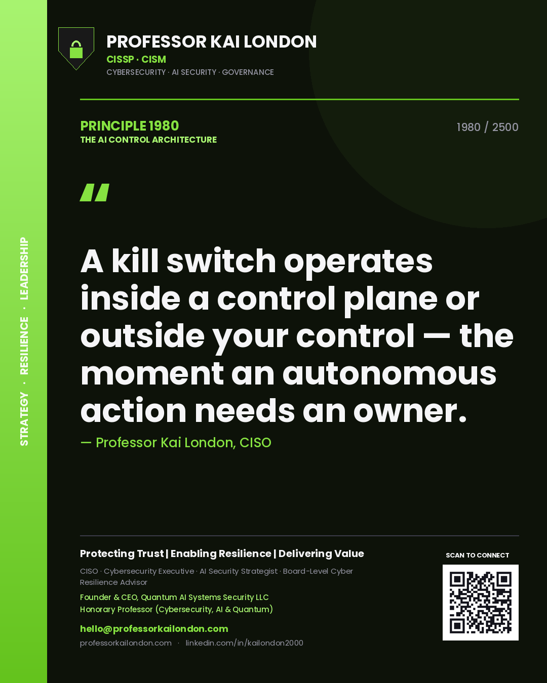 Quote card by Professor Kai London reading 'A kill switch operates inside a control plane or outside your control — the moment an autonomous action needs an owner.'. From the book The AI Control Architecture.