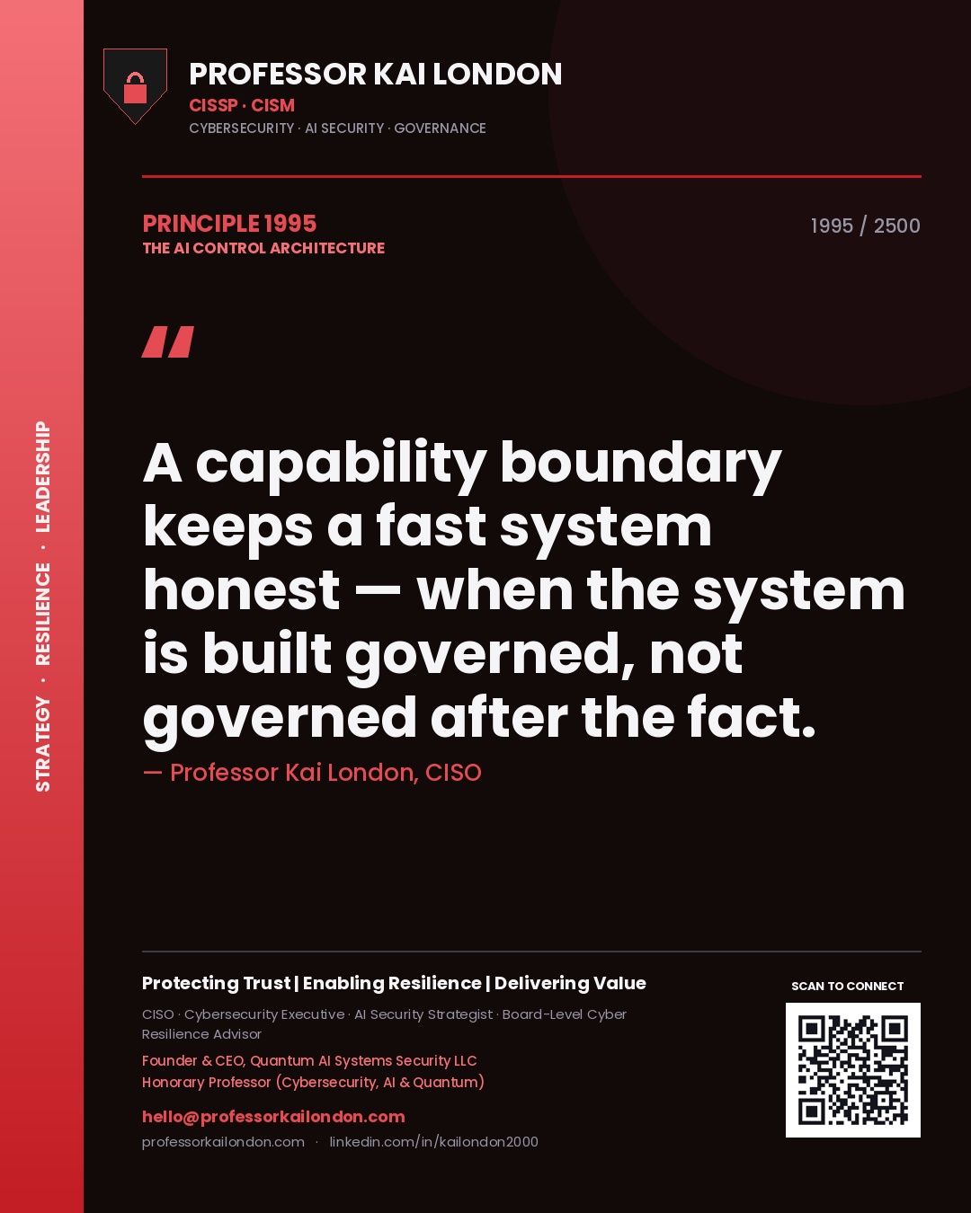 Quote card by Professor Kai London reading 'A capability boundary keeps a fast system honest — when the system is built governed, not governed after the fact.'. From the book The AI Control Architecture.