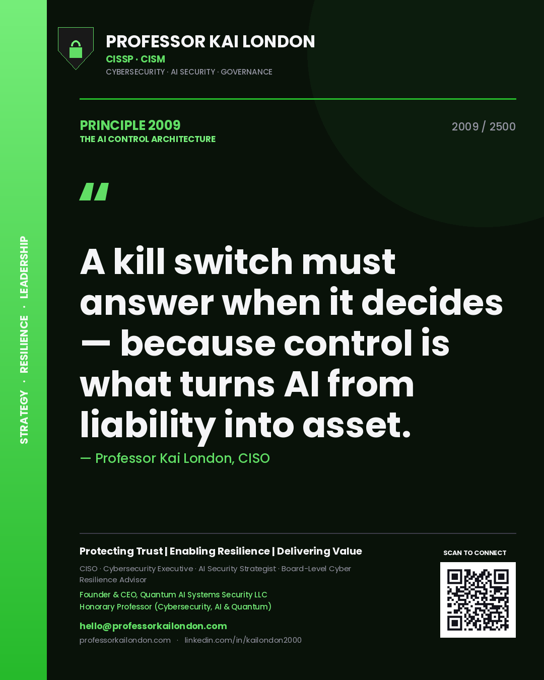 Professor Kai London principle 2009: A kill switch must answer when it decides — because control is what turns AI from liability into asset.