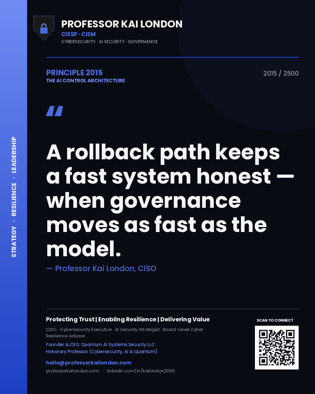 Professor Kai London principle 2015: A rollback path keeps a fast system honest — when governance moves as fast as the model.