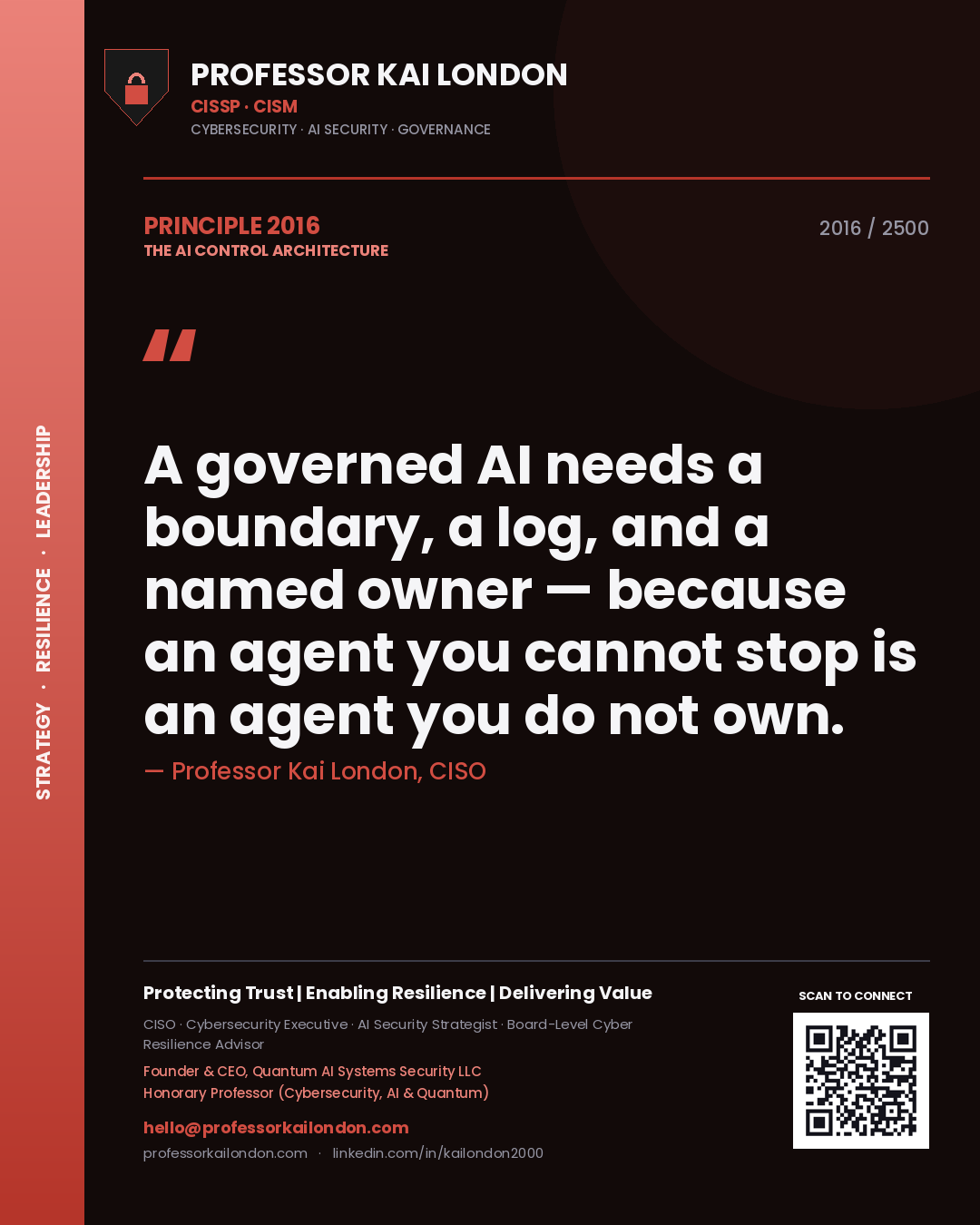 Professor Kai London principle 2016: A governed AI needs a boundary, a log, and a named owner — because an agent you cannot stop is an agent you do not own.