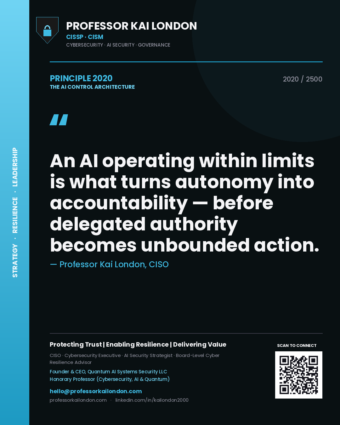 Quote card by Professor Kai London reading 'An AI operating within limits is what turns autonomy into accountability — before delegated authority becomes unbounded action.'. From the book The AI Control Architecture.