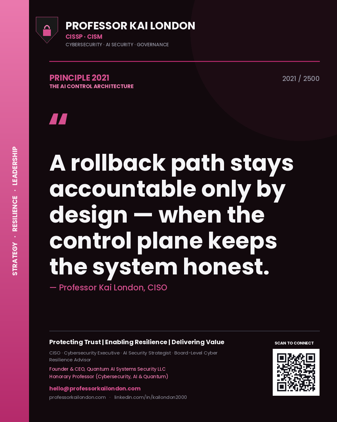 Professor Kai London principle 2021: A rollback path stays accountable only by design — when the control plane keeps the system honest.