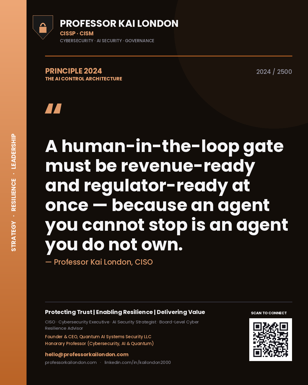Quote card by Professor Kai London reading 'A human-in-the-loop gate must be revenue-ready and regulator-ready at once — because an agent you cannot stop is an agent you do not own.'. From the book The AI Control Architecture.