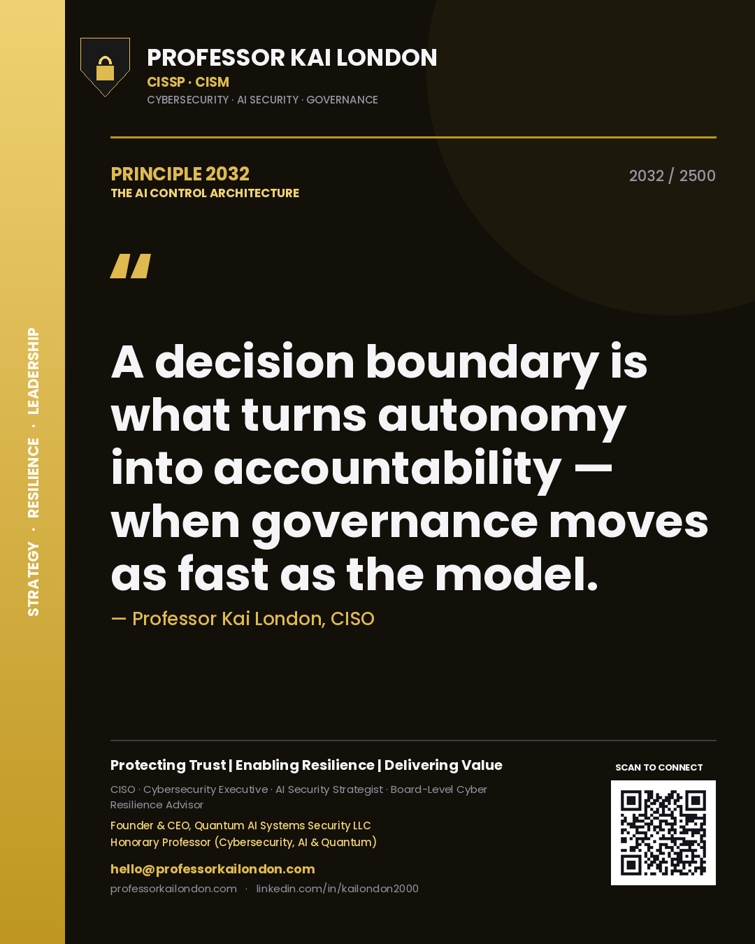 Quote card by Professor Kai London reading 'A decision boundary is what turns autonomy into accountability — when governance moves as fast as the model.'. From the book The AI Control Architecture.