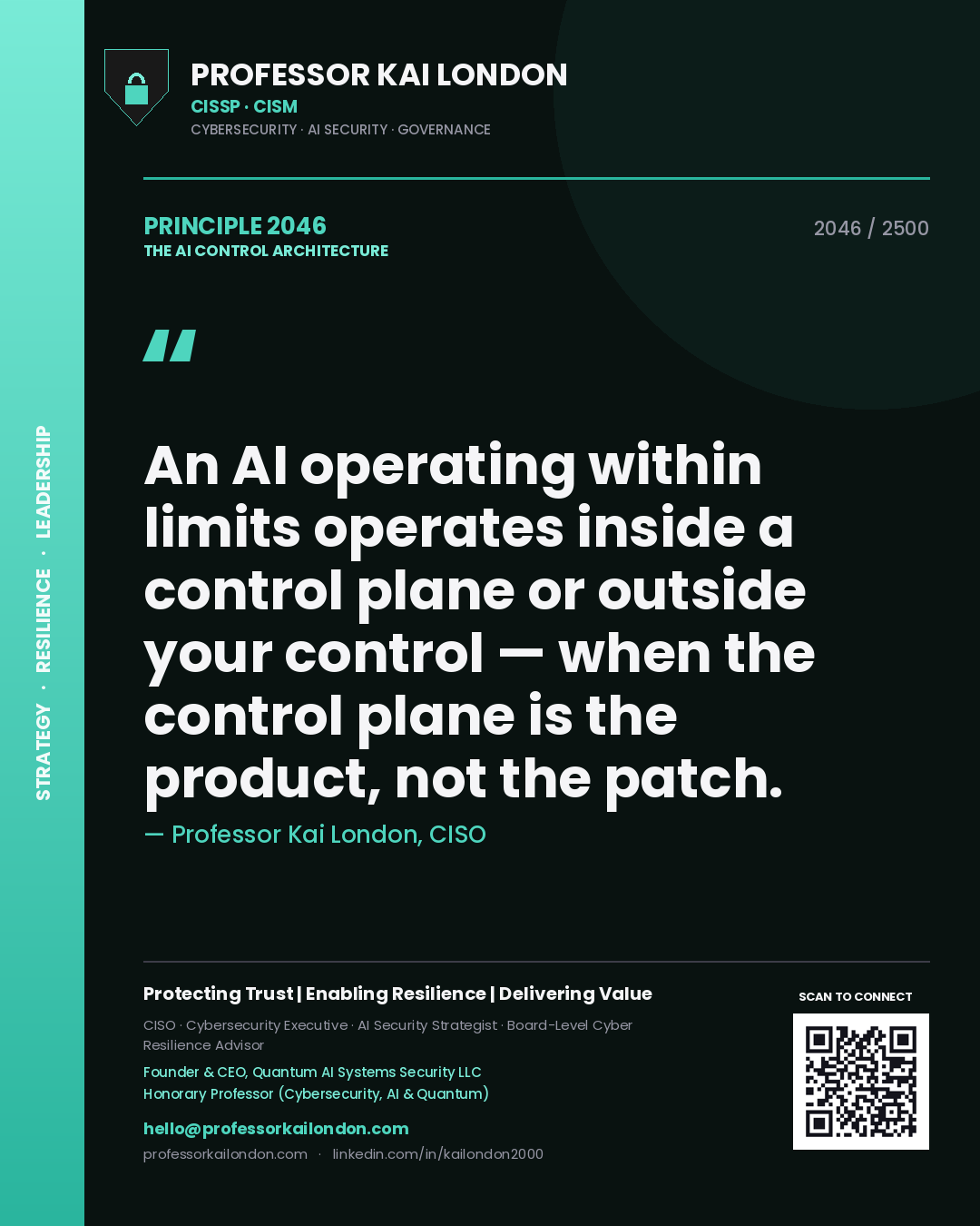 Professor Kai London principle 2046: An AI operating within limits operates inside a control plane or outside your control — when the control plane is the product, not the patch.