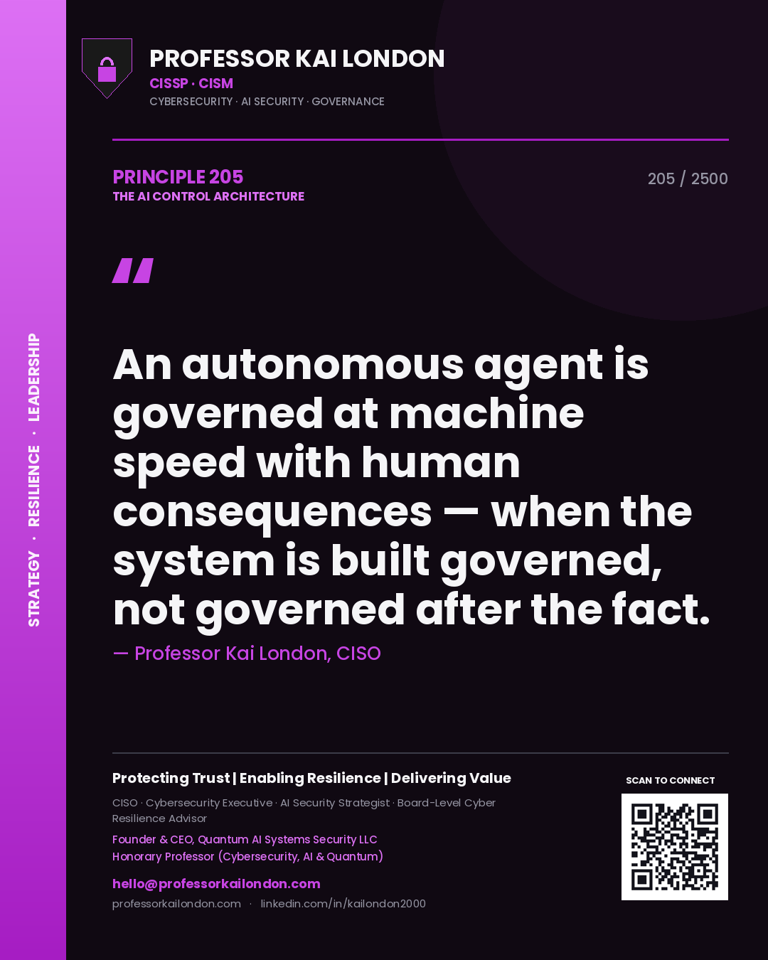 Professor Kai London principle 205: An autonomous agent is governed at machine speed with human consequences — when the system is built governed, not governed after the fact.