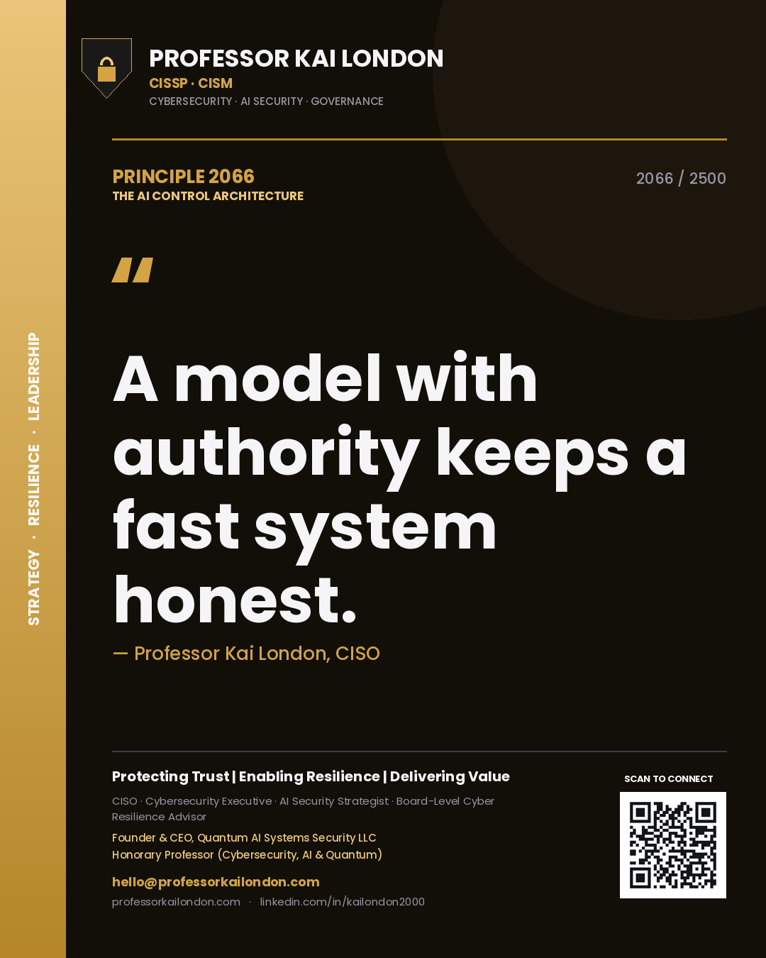 Quote card by Professor Kai London reading 'A model with authority keeps a fast system honest.'. From the book The AI Control Architecture.