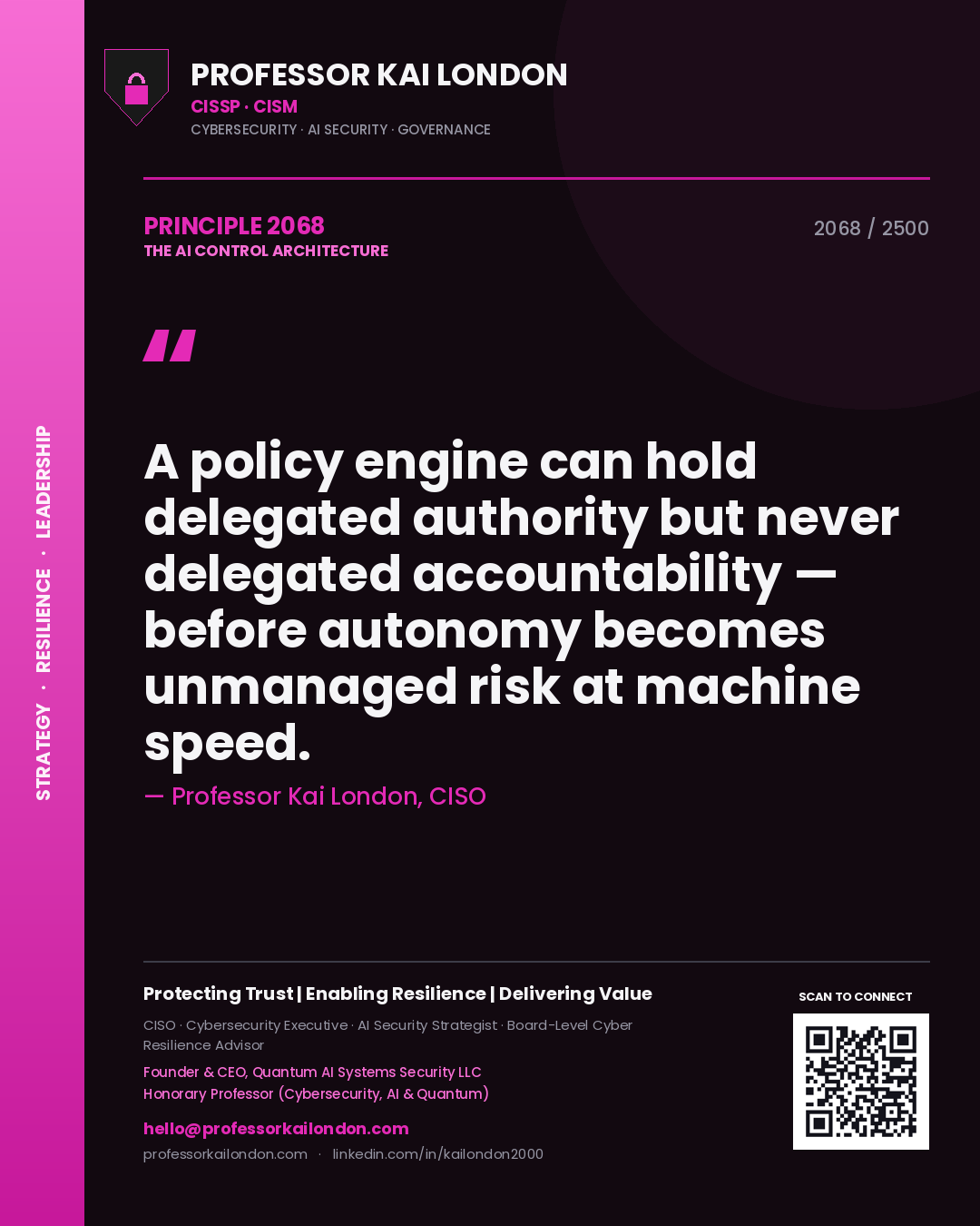Quote card by Professor Kai London reading 'A policy engine can hold delegated authority but never delegated accountability — before autonomy becomes unmanaged risk at machine speed.'. From the book The AI Control Architecture.