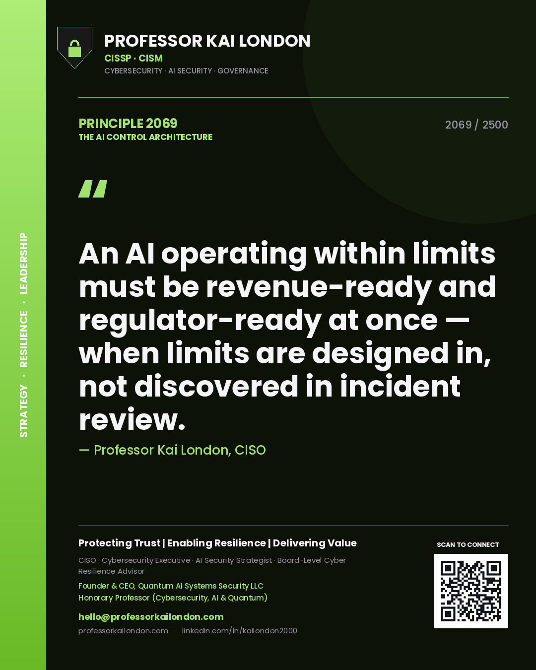 Quote card by Professor Kai London reading 'An AI operating within limits must be revenue-ready and regulator-ready at once — when limits are designed in, not discovered in incident review.'. From the book The AI Control Architecture.