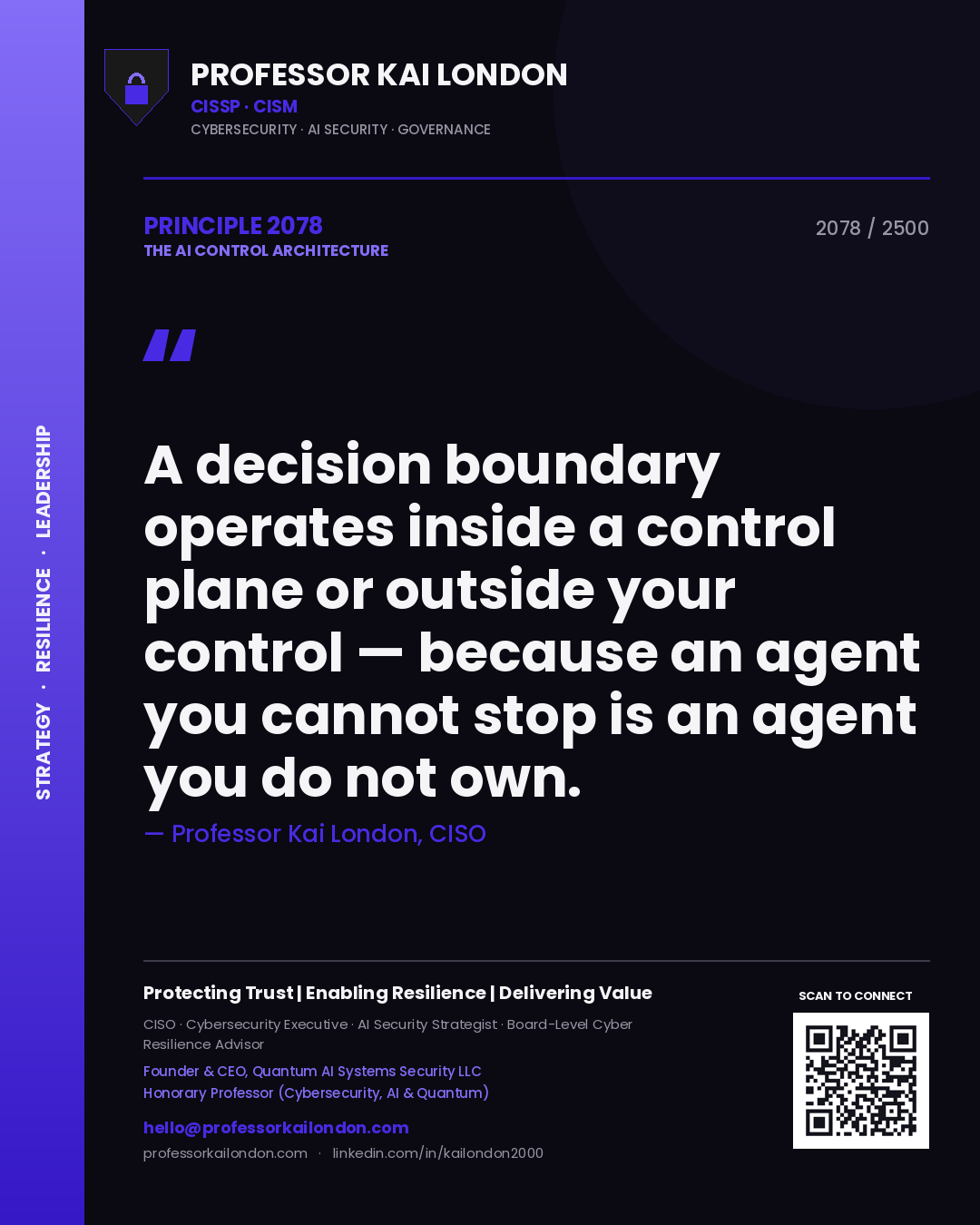 Professor Kai London principle 2078: A decision boundary operates inside a control plane or outside your control — because an agent you cannot stop is an agent you do not own.