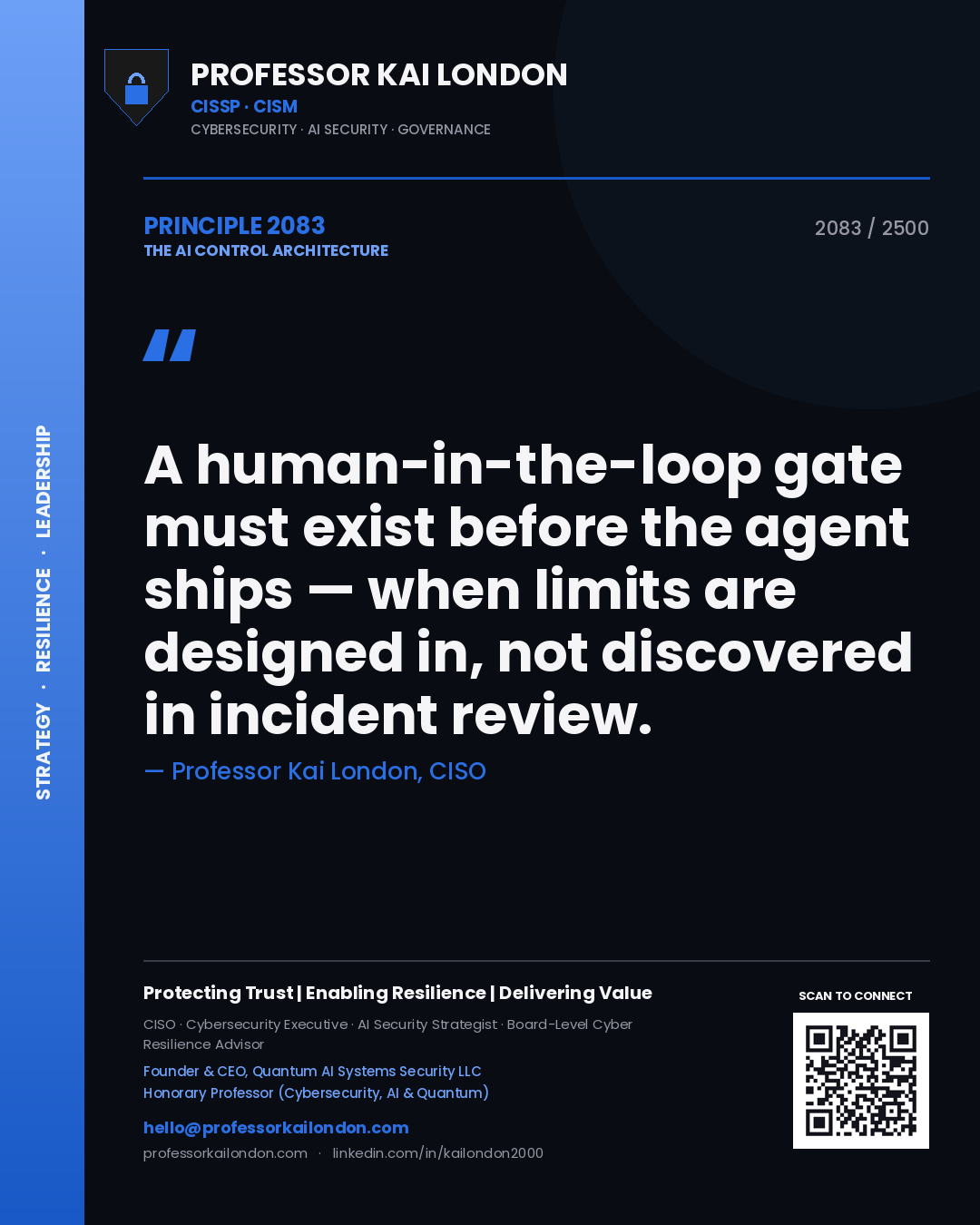 Quote card by Professor Kai London reading 'A human-in-the-loop gate must exist before the agent ships — when limits are designed in, not discovered in incident review.'. From the book The AI Control Architecture.