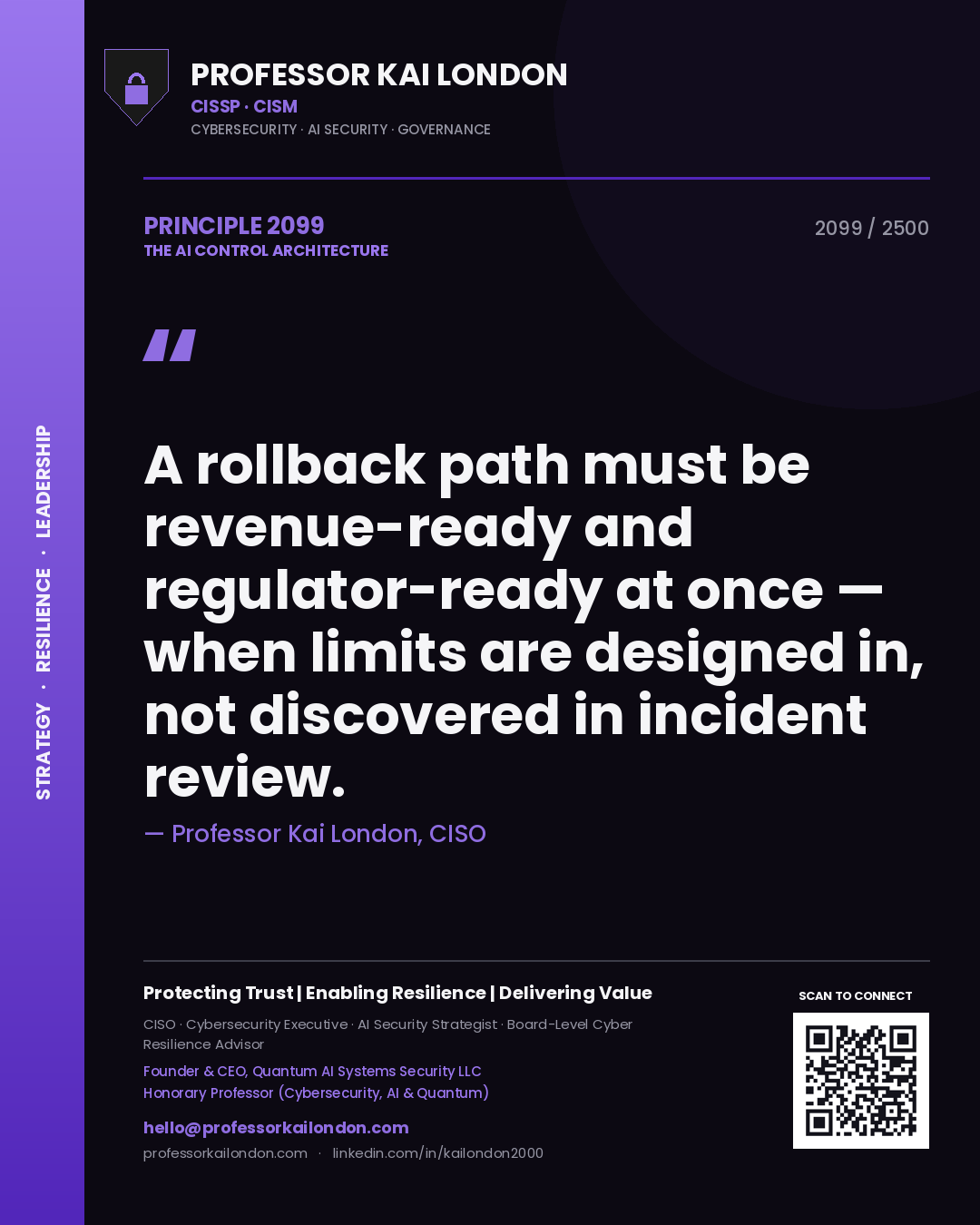 Quote card by Professor Kai London reading 'A rollback path must be revenue-ready and regulator-ready at once — when limits are designed in, not discovered in incident review.'. From the book The AI Control Architecture.