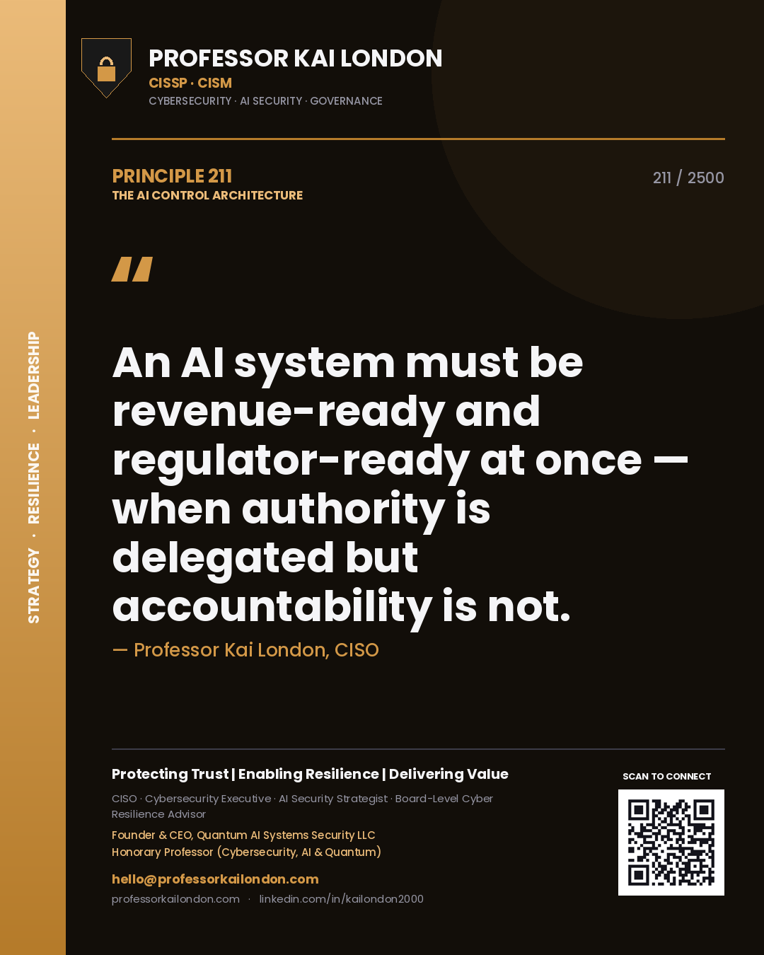 Professor Kai London principle 211: An AI system must be revenue-ready and regulator-ready at once — when authority is delegated but accountability is not.