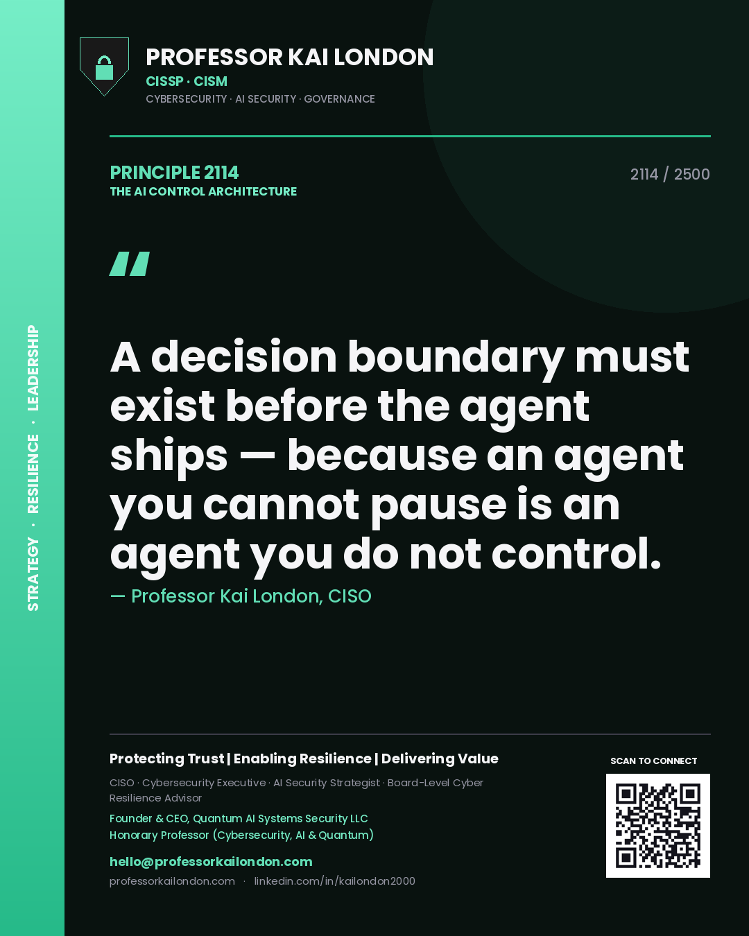 Quote card by Professor Kai London reading 'A decision boundary must exist before the agent ships — because an agent you cannot pause is an agent you do not control.'. From the book The AI Control Architecture.