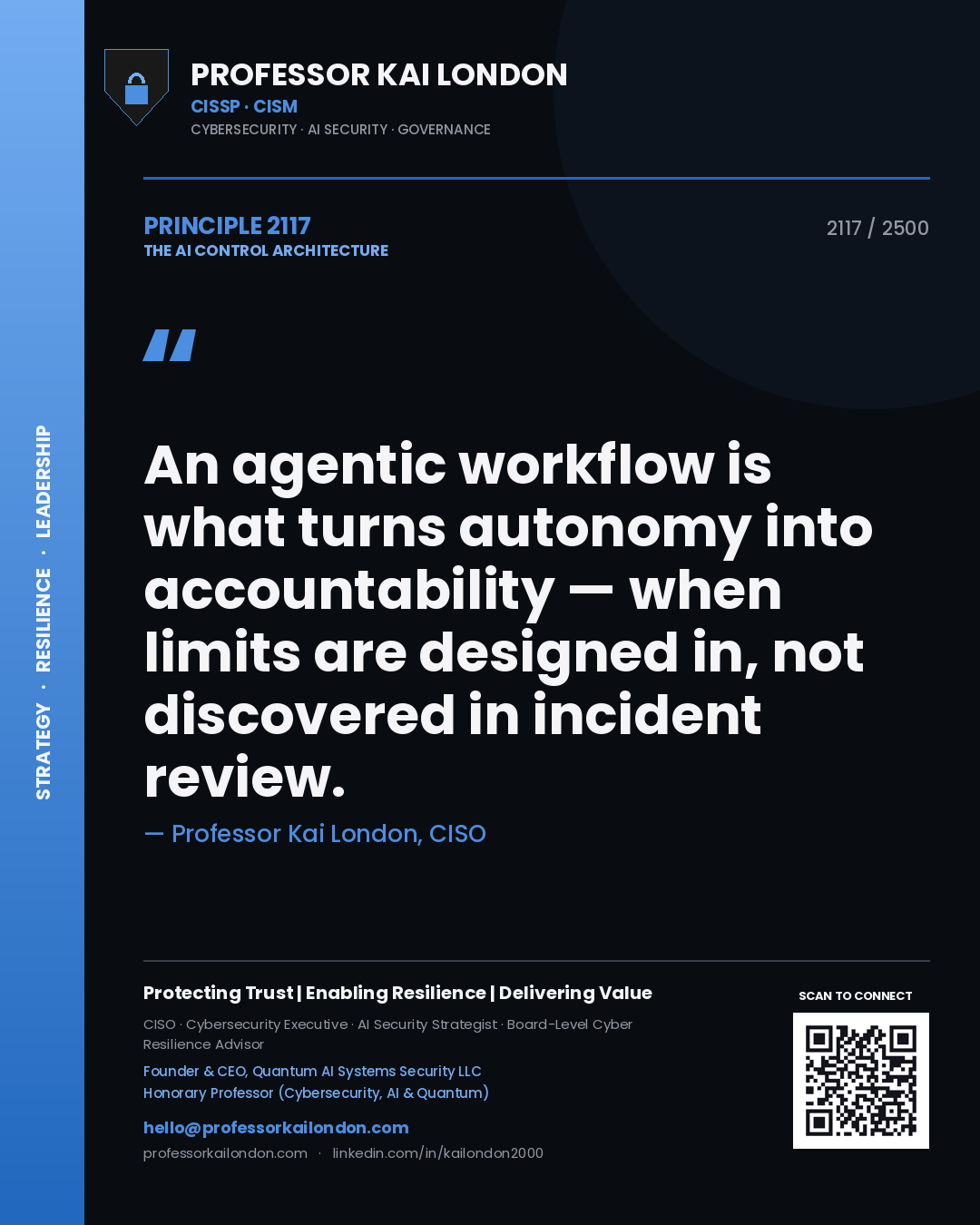 Professor Kai London principle 2117: An agentic workflow is what turns autonomy into accountability — when limits are designed in, not discovered in incident review.