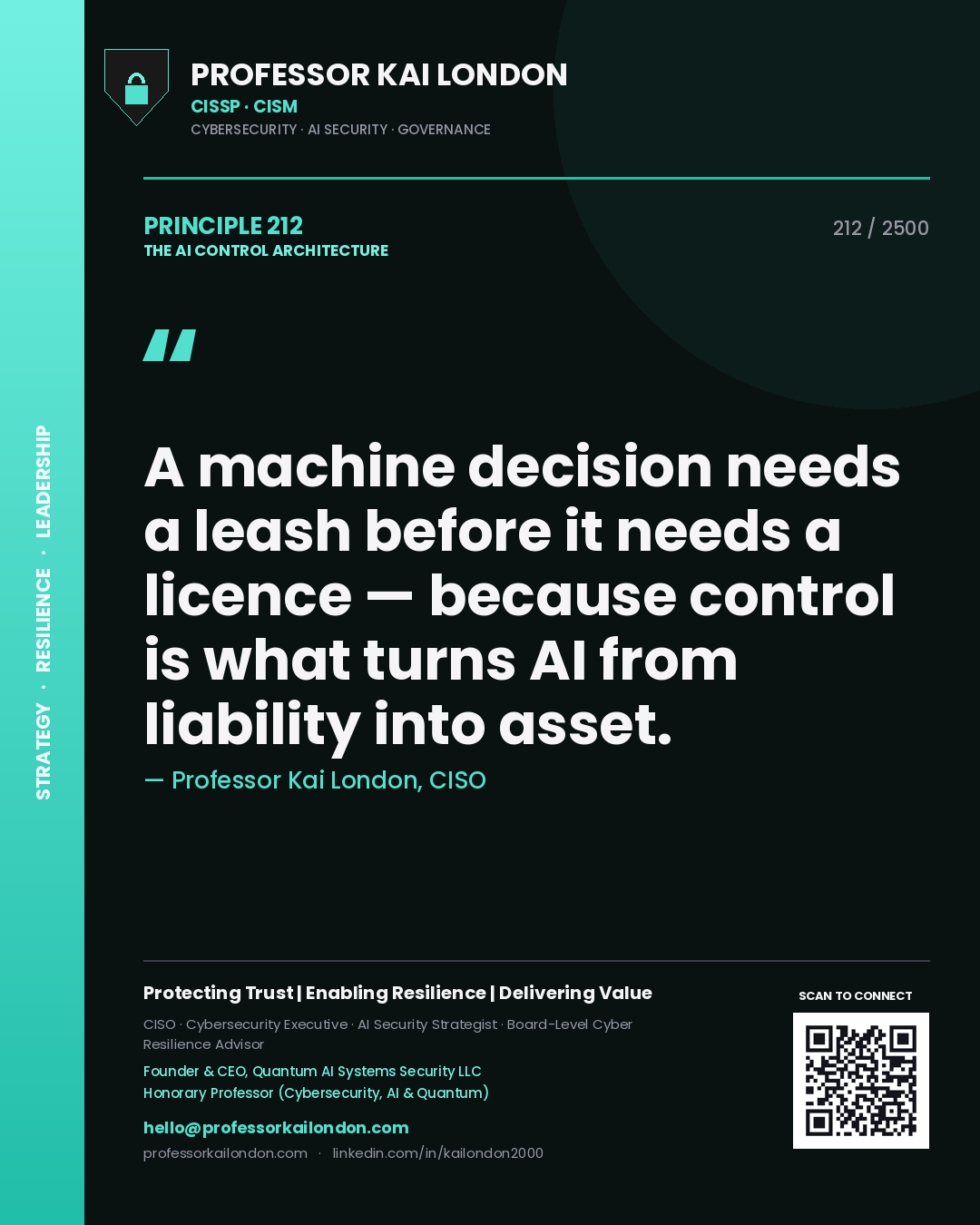 Professor Kai London principle 212: A machine decision needs a leash before it needs a licence — because control is what turns AI from liability into asset.