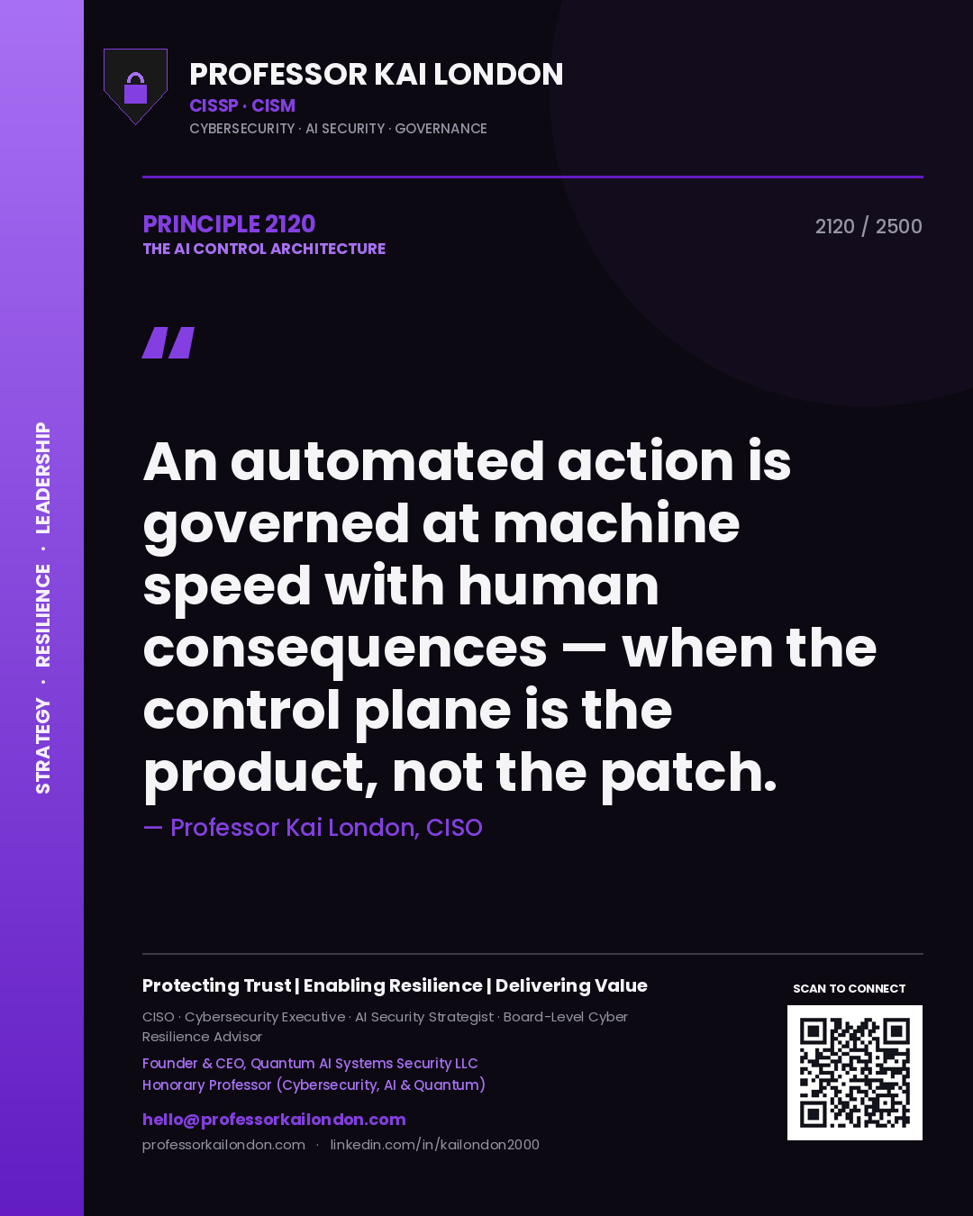 Quote card by Professor Kai London reading 'An automated action is governed at machine speed with human consequences — when the control plane is the product, not the patch.'. From the book The AI Control Architecture.