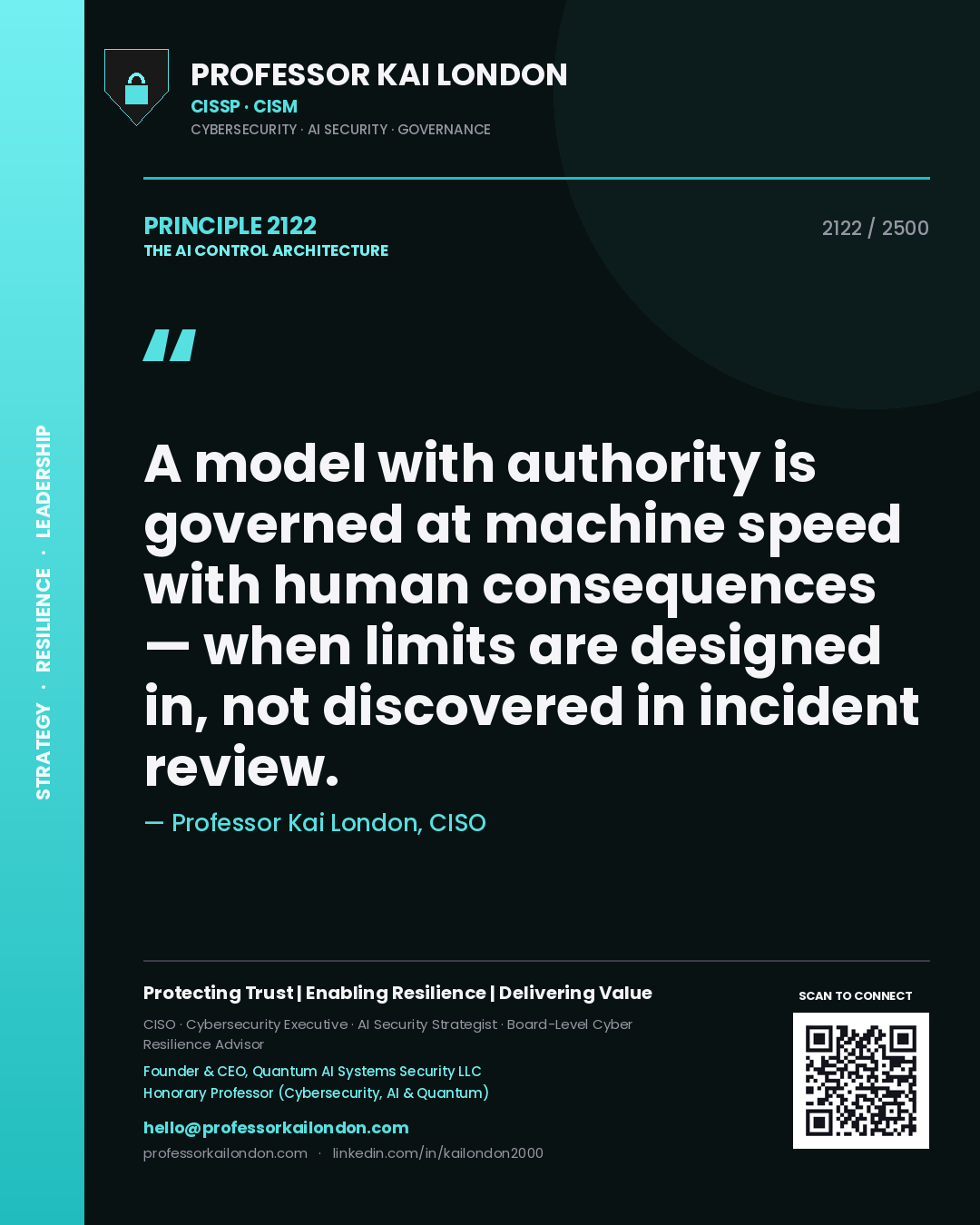 Professor Kai London principle 2122: A model with authority is governed at machine speed with human consequences — when limits are designed in, not discovered in incident review.