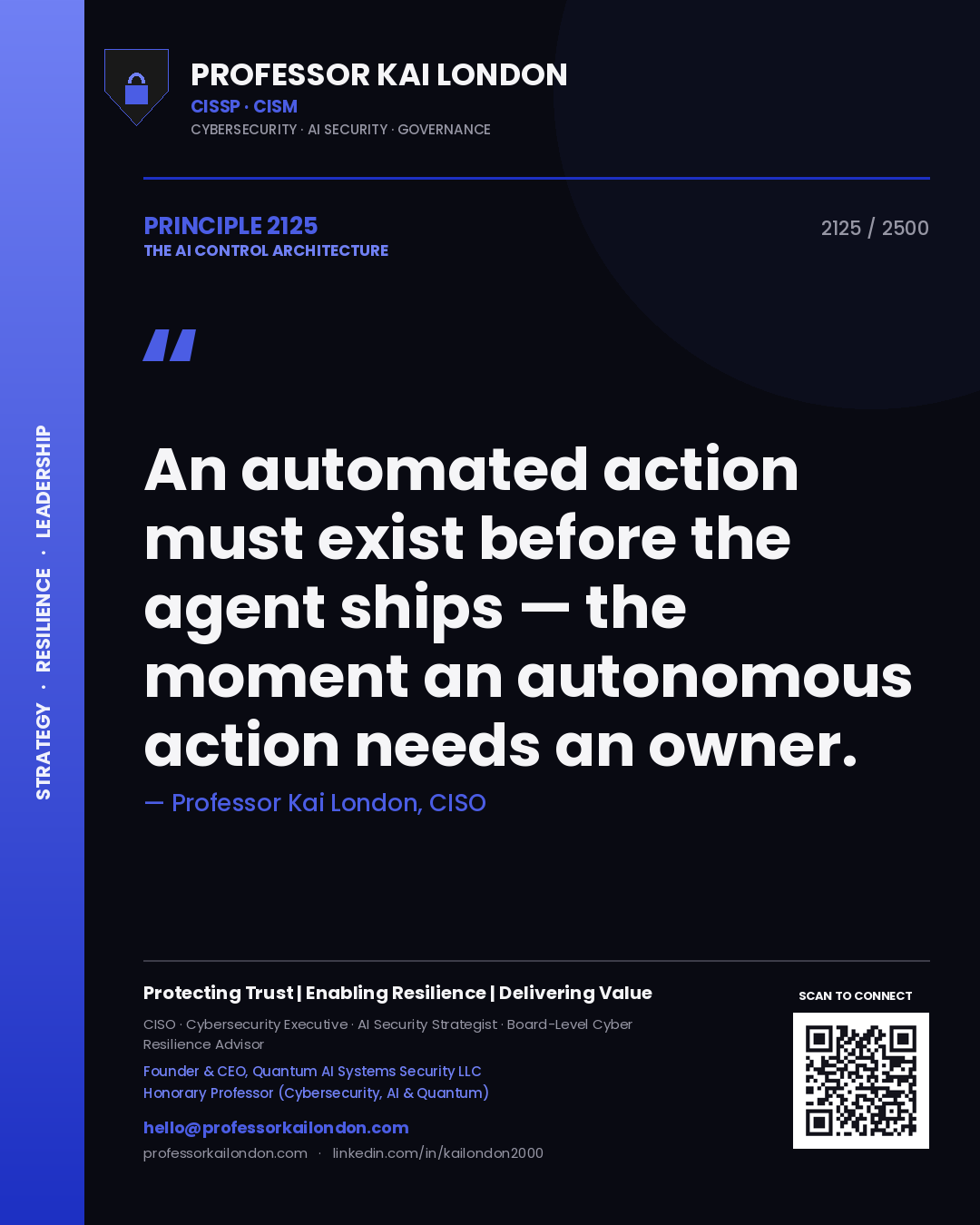 Professor Kai London principle 2125: An automated action must exist before the agent ships — the moment an autonomous action needs an owner.