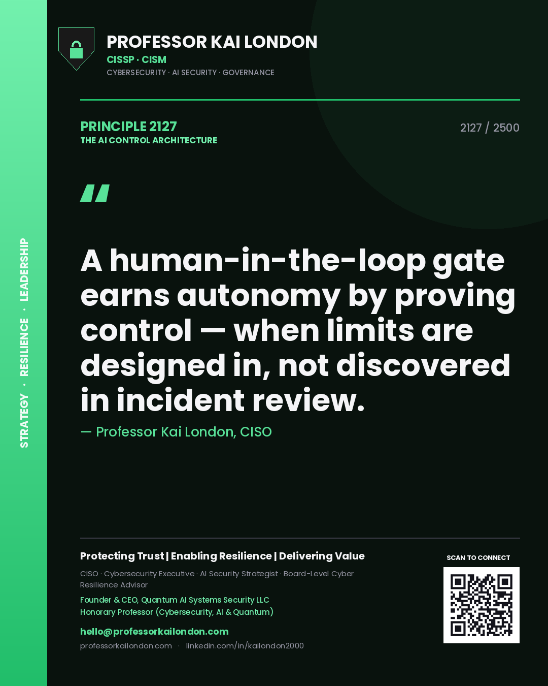 Quote card by Professor Kai London reading 'A human-in-the-loop gate earns autonomy by proving control — when limits are designed in, not discovered in incident review.'. From the book The AI Control Architecture.
