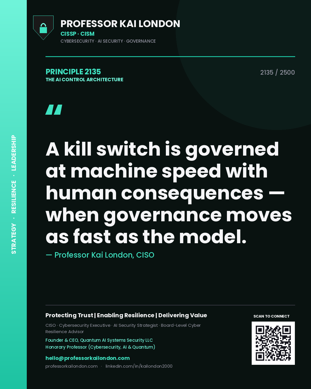 Professor Kai London principle 2135: A kill switch is governed at machine speed with human consequences — when governance moves as fast as the model.