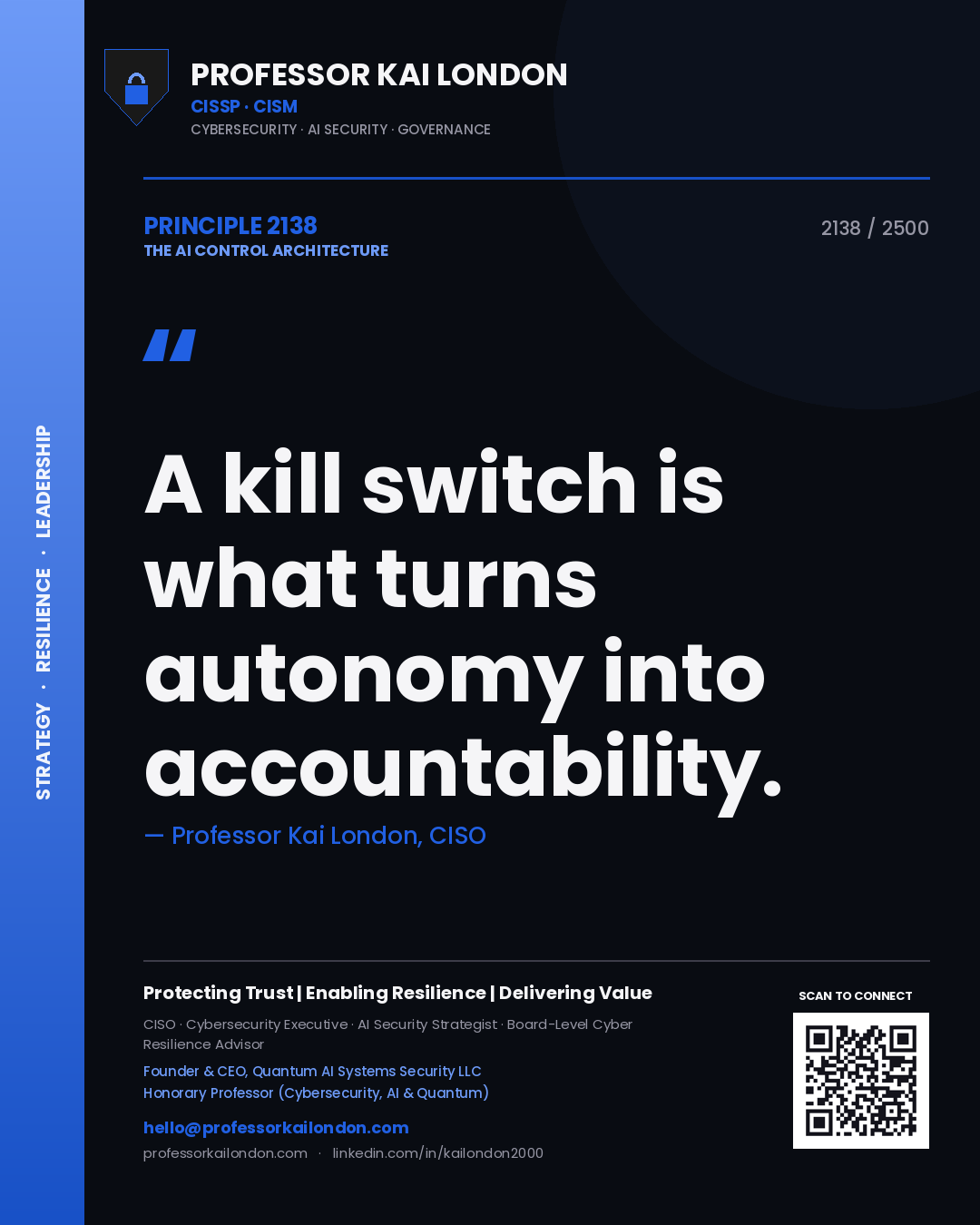 Quote card by Professor Kai London reading 'A kill switch is what turns autonomy into accountability.'. From the book The AI Control Architecture.
