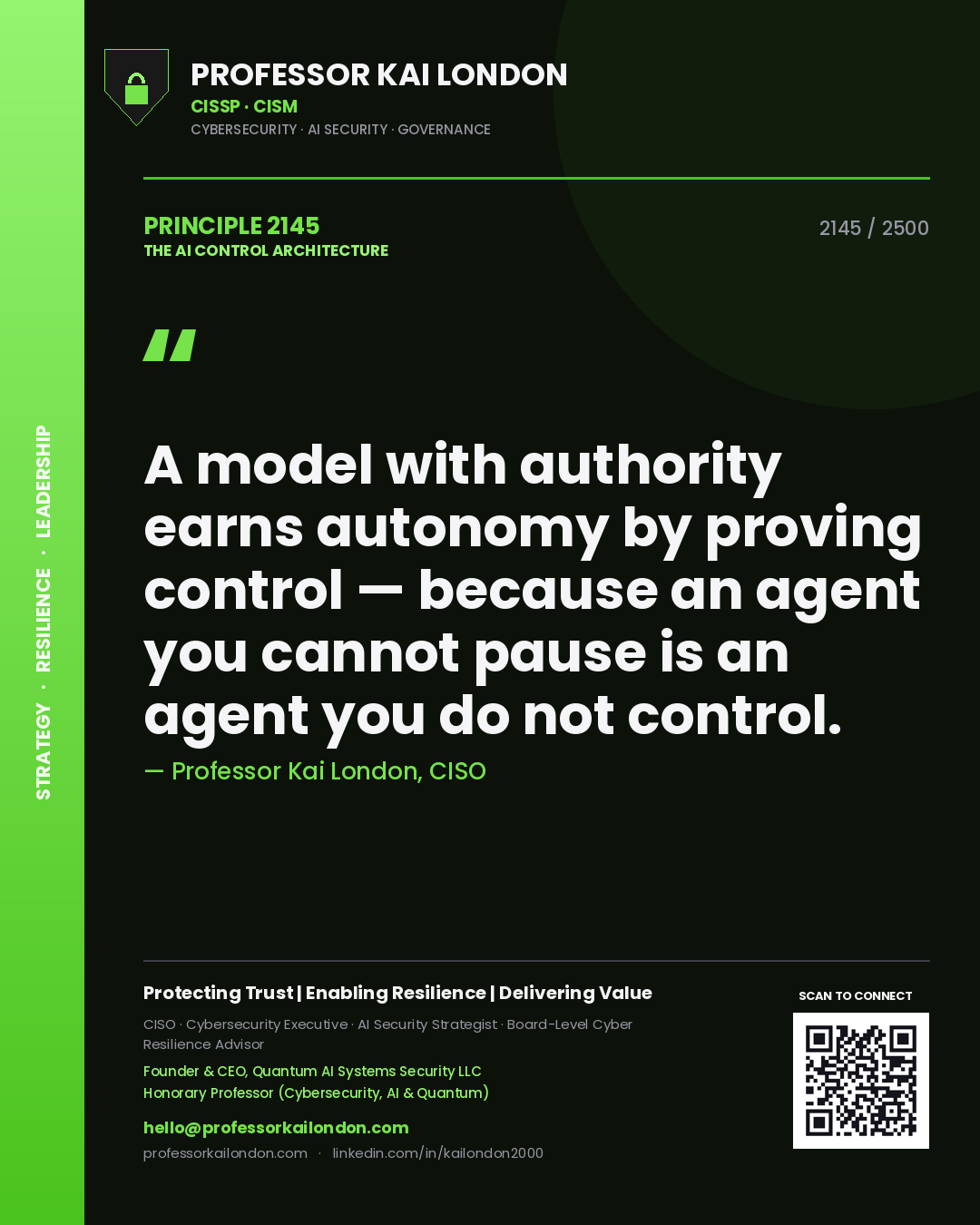 Quote card by Professor Kai London reading 'A model with authority earns autonomy by proving control — because an agent you cannot pause is an agent you do not control.'. From the book The AI Control Architecture.