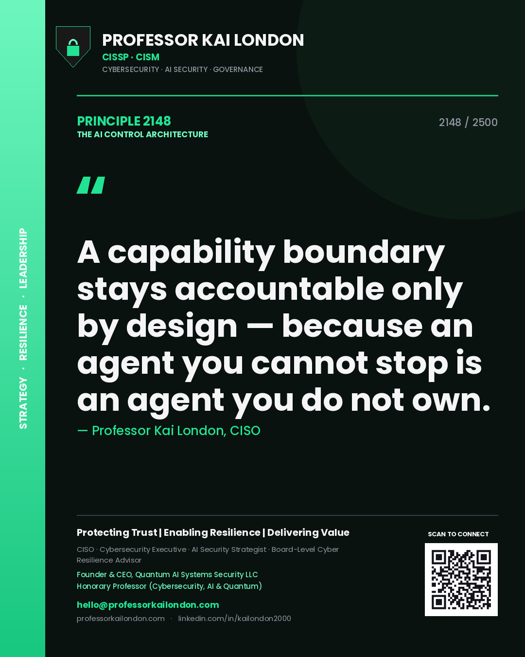 Quote card by Professor Kai London reading 'A capability boundary stays accountable only by design — because an agent you cannot stop is an agent you do not own.'. From the book The AI Control Architecture.