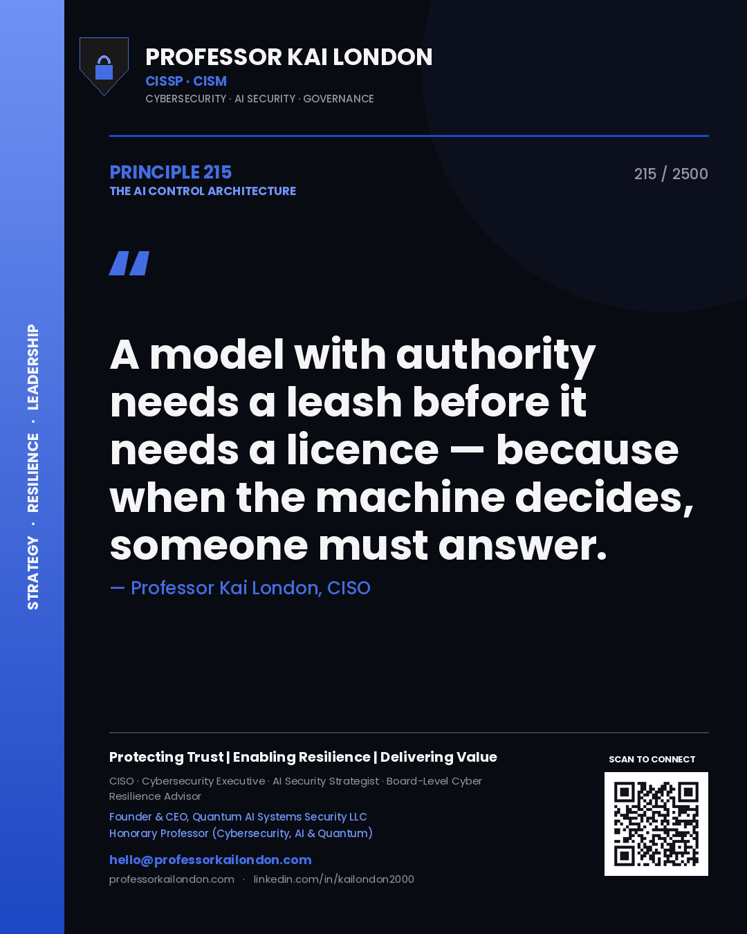 Professor Kai London principle 215: A model with authority needs a leash before it needs a licence — because when the machine decides, someone must answer.