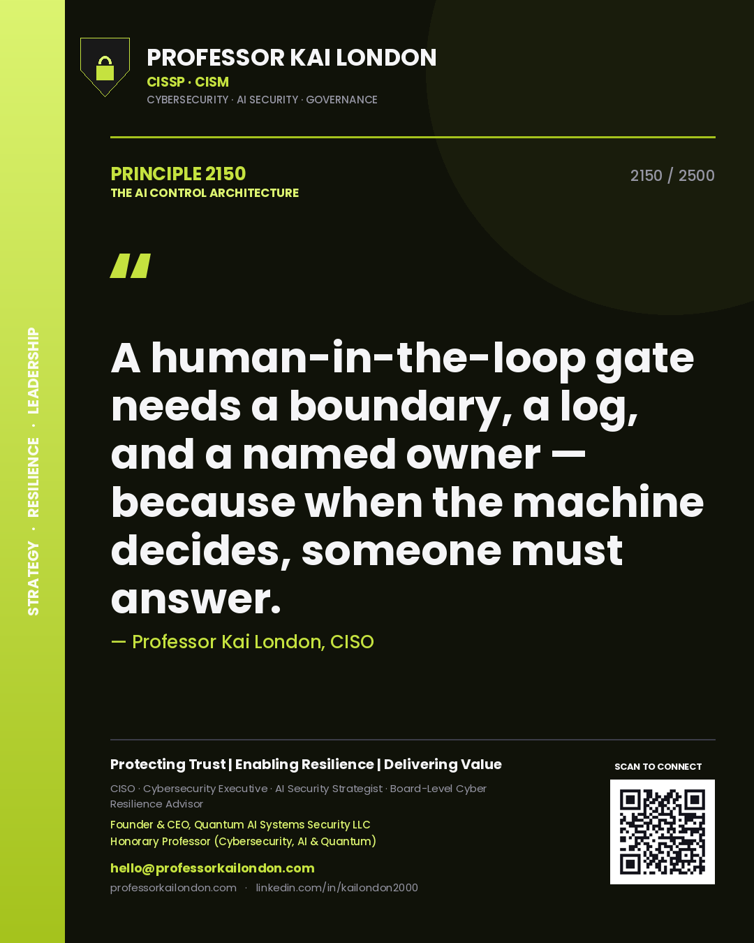 Quote card by Professor Kai London reading 'A human-in-the-loop gate needs a boundary, a log, and a named owner — because when the machine decides, someone must answer.'. From the book The AI Control Architecture.