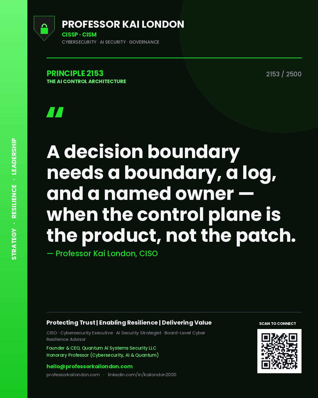Quote card by Professor Kai London reading 'A decision boundary needs a boundary, a log, and a named owner — when the control plane is the product, not the patch.'. From the book The AI Control Architecture.